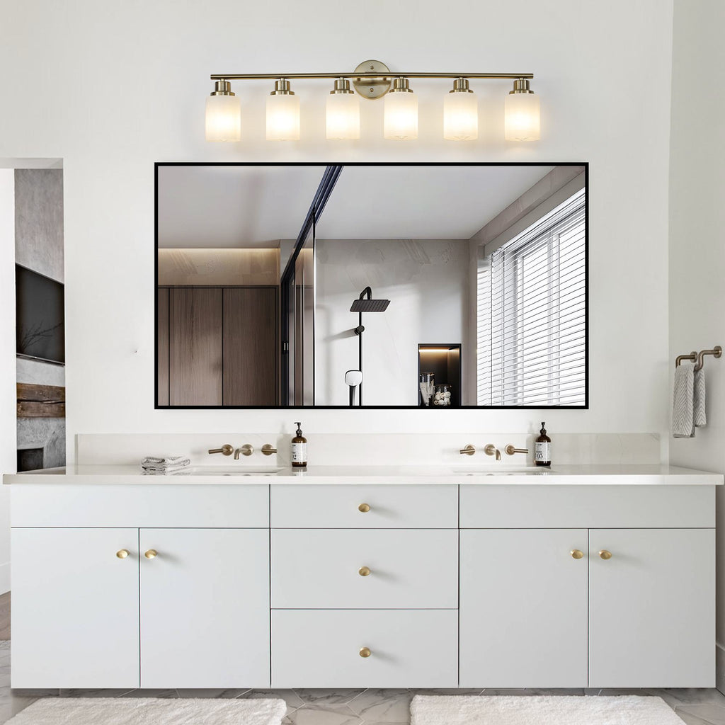 38.5" Modern 6-Light Vanity Wall Sconce with Frosted Glass Shades, Golden Finish, Easy Installation, 38.5" L x 6.5" W x 10" H, Gold