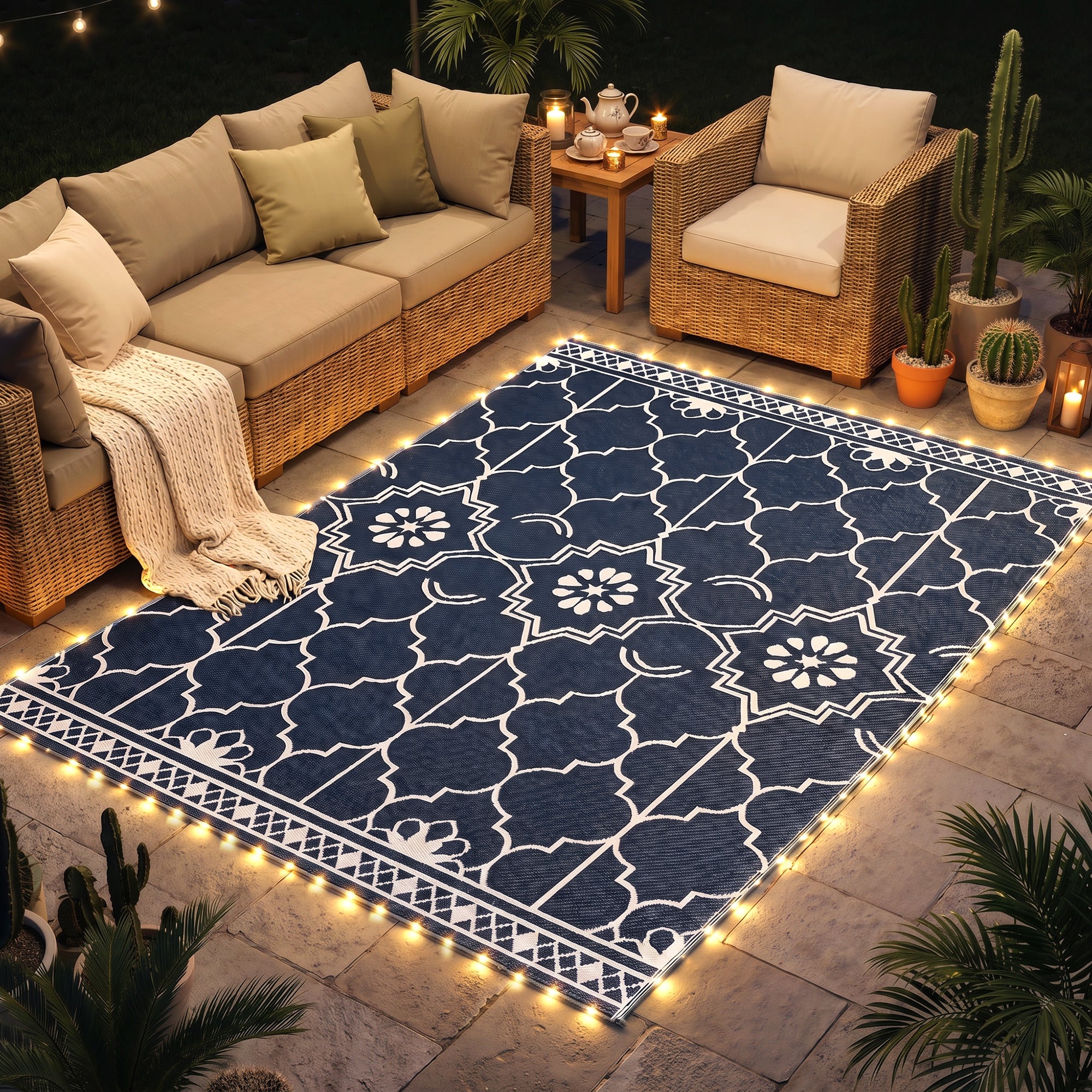 Reversible Outdoor Rug Carpet with LED Lights, 10' x 8' PP Straw Rug with Carry Bag and Ground Stakes