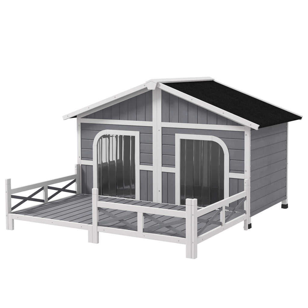 Dog House Outdoor, Wooden Dog Kennel Weatherproof with Porch, Openable Roof, Removable Bottom, Elevated Floor, Double Room for 2 Small to Medium Breeds, Gray