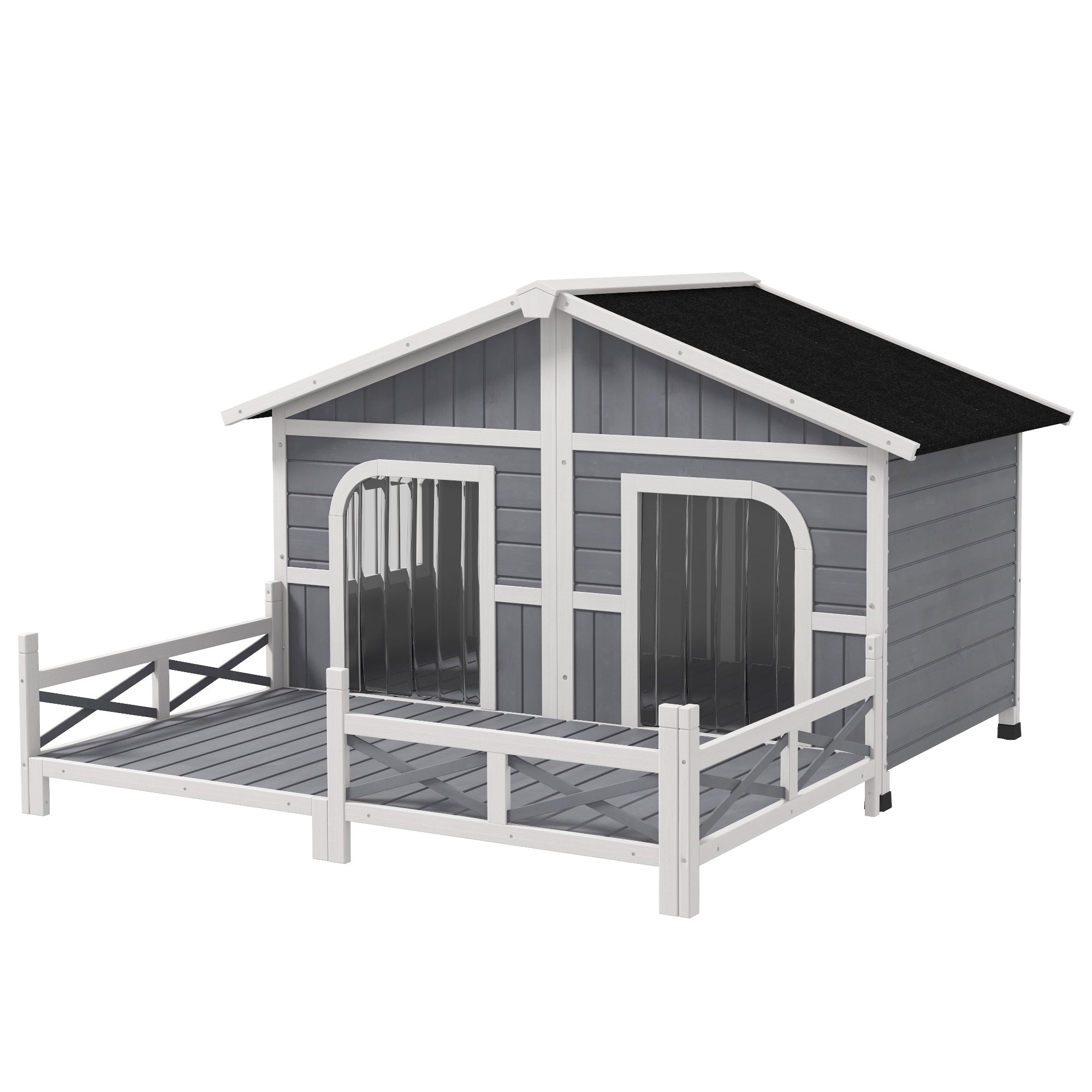Dog House Outdoor, Wooden Dog Kennel Weatherproof with Porch, Openable Roof, Removable Bottom, Elevated Floor, Double Room for 2 Small to Medium Breeds, Gray