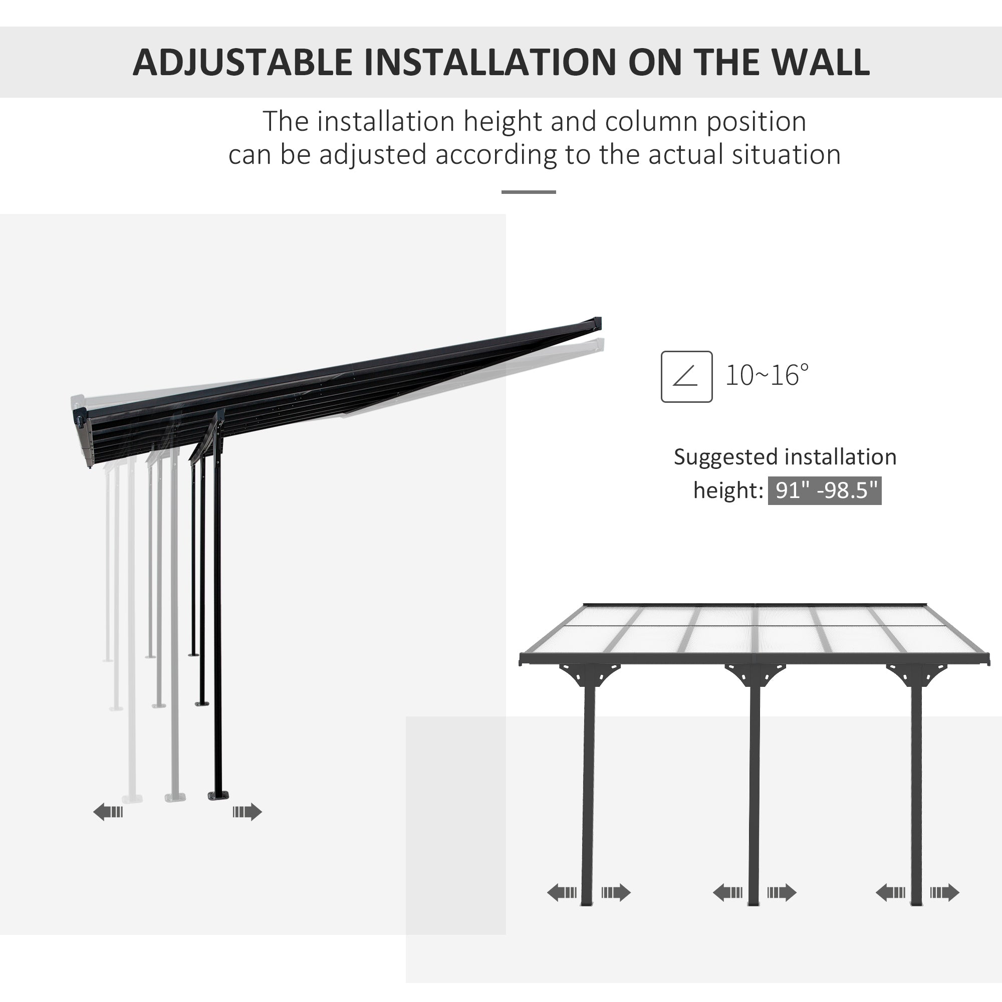 12' x 10' Outdoor Polycarbonate Pergola, Transparent UV Blocking Awning, Hardtop Deck Gazebo, Aluminum, Gray