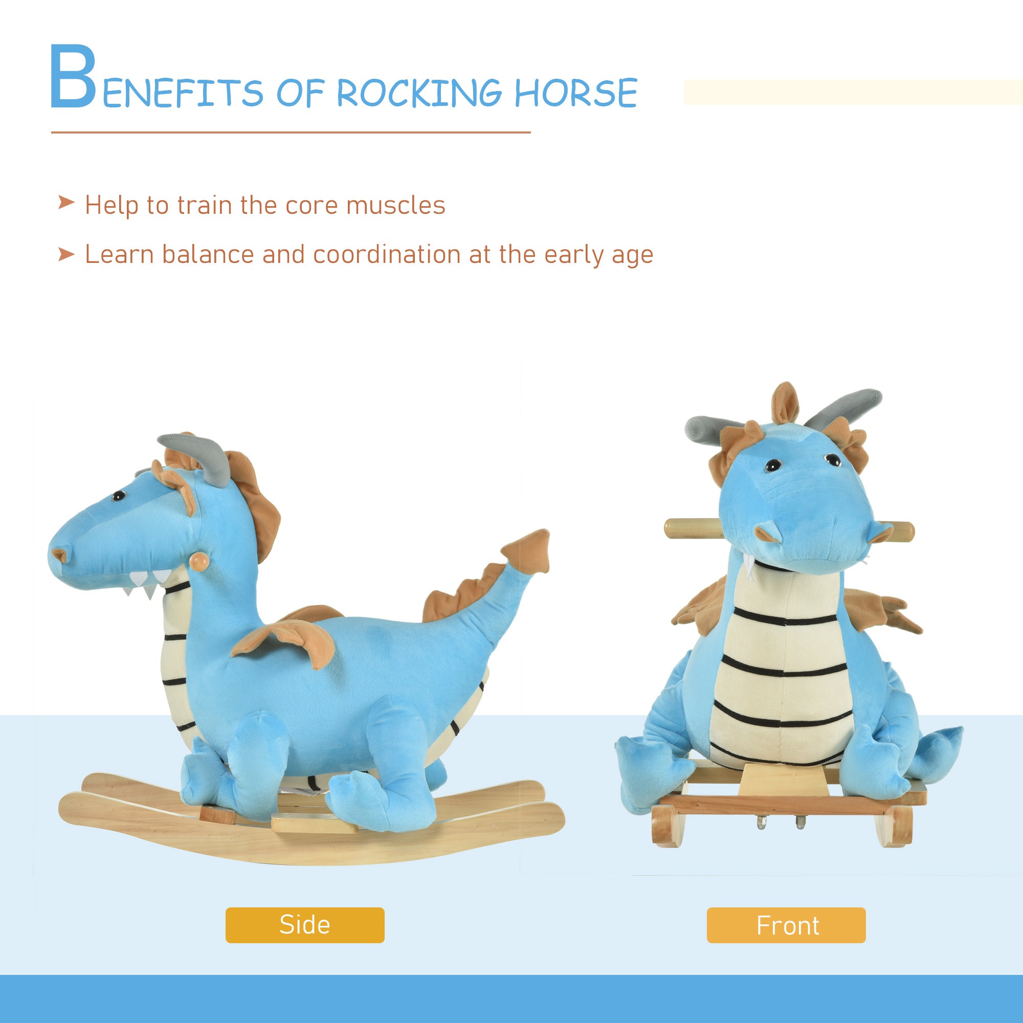Kids Plush Ride-On Rocking Horse Toy Dinosaur Ride Rocking Chair with Realistic Sounds for18-36 Months, Blue