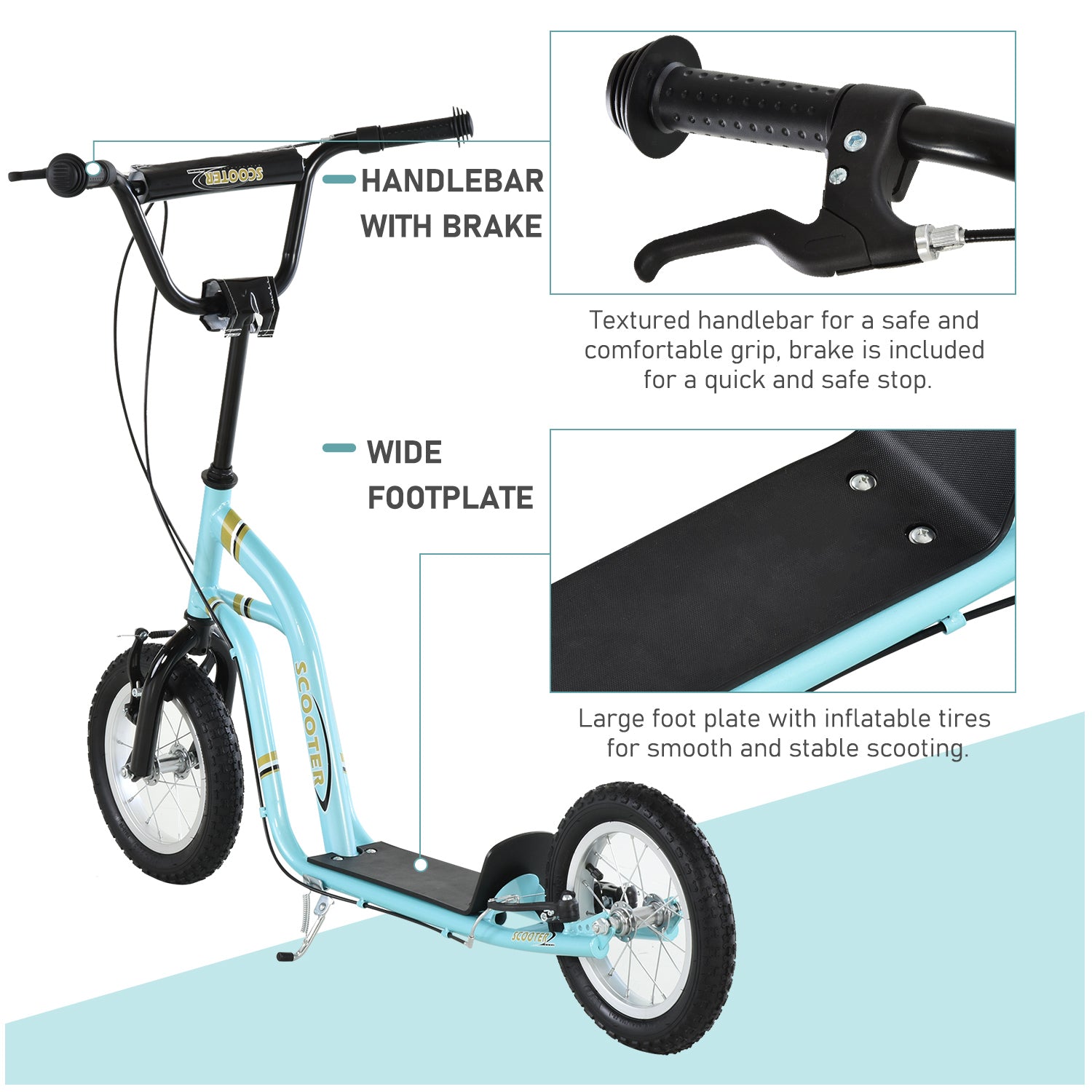 Youth Scooter Front and Rear Caliper Dual Brakes 12-Inch Inflatable Front Wheel Ride On Toy For Age 5+ - Blue