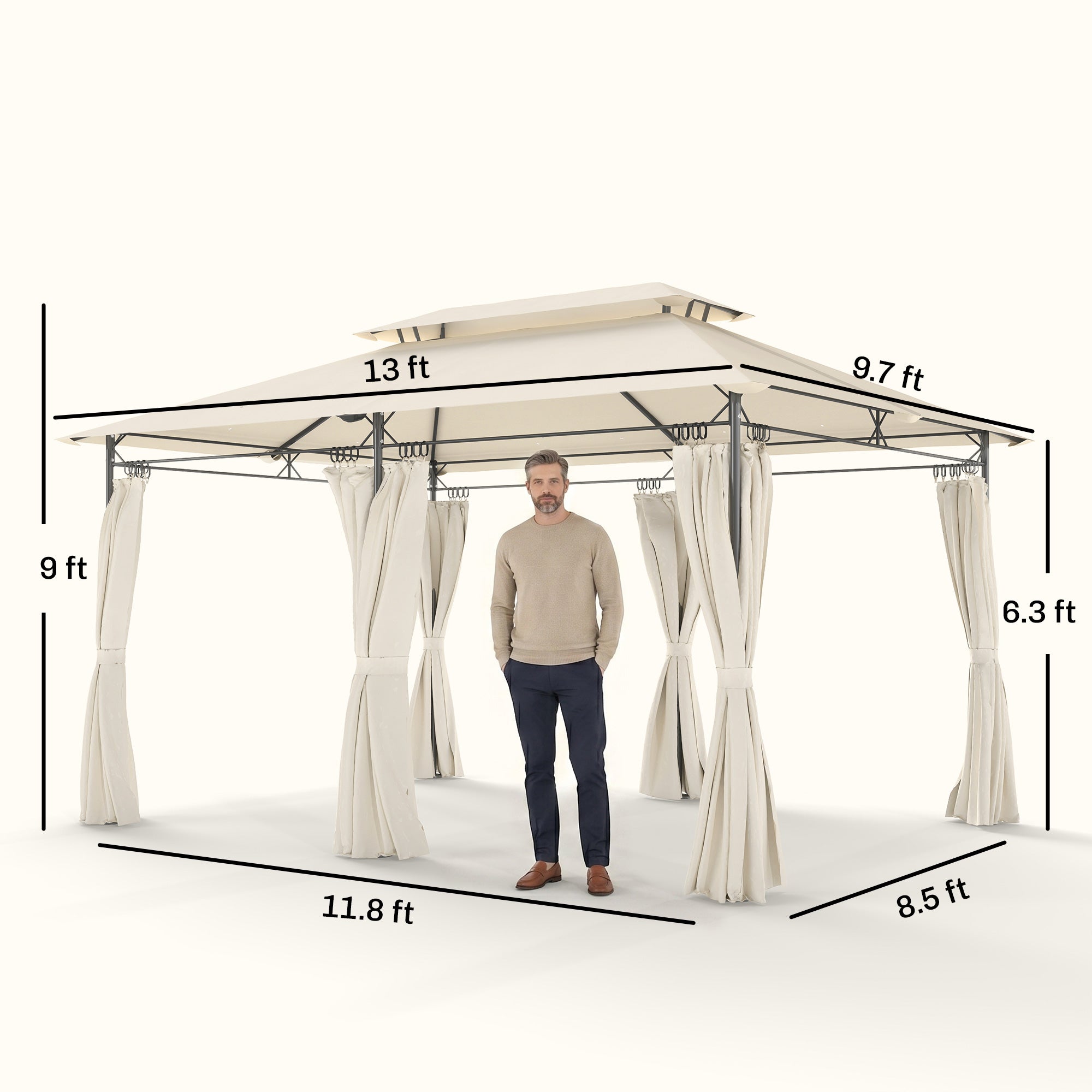 10' x 13' Double Roof Patio Gazebo, Outdoor Gazebo with Curtains, for Garden, Lawn, Backyard and Deck, Cream White