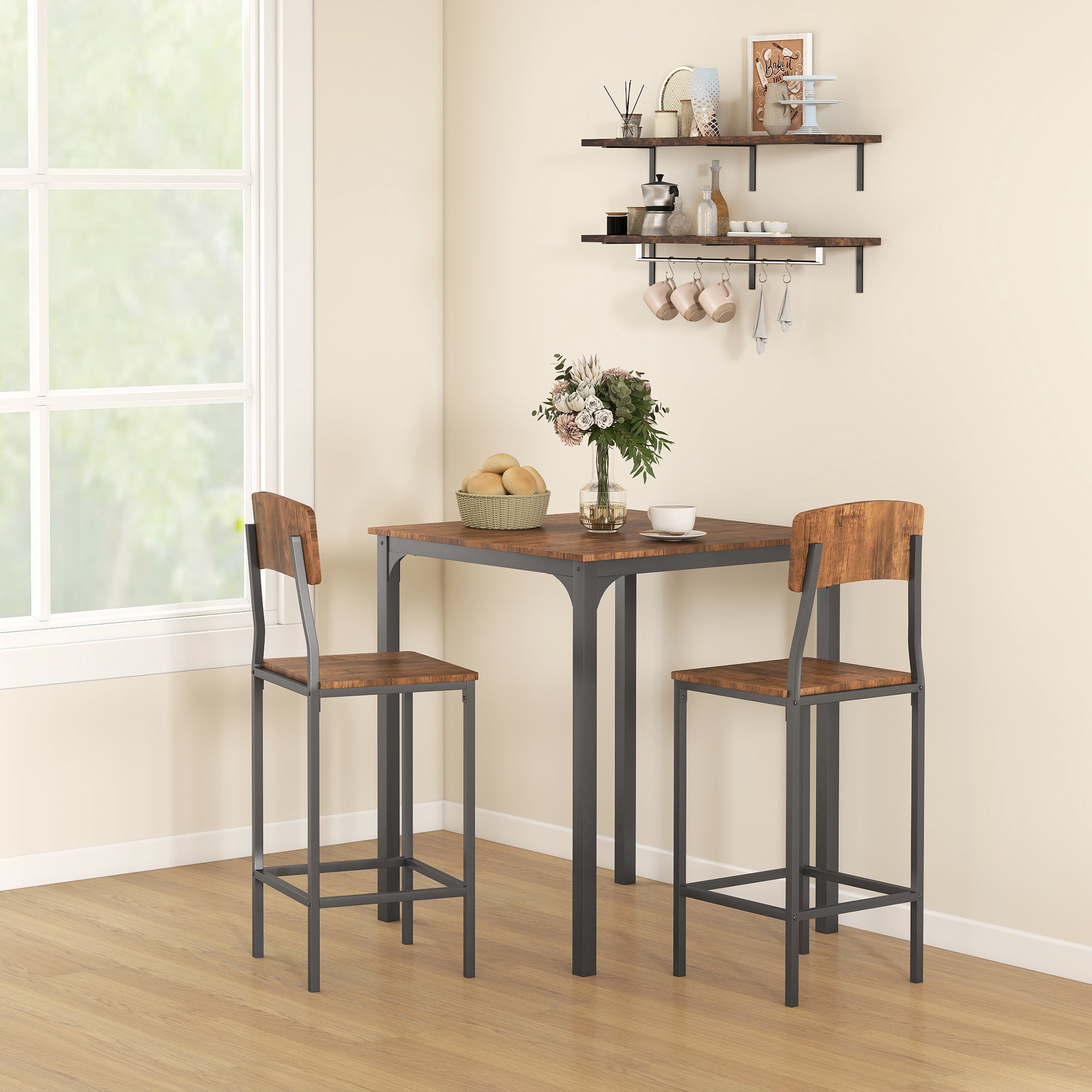 3 Piece Pub Table and Chairs, Small Kitchen Table and Chairs, Square Dining Table with 2 Stools, Walnut and Black