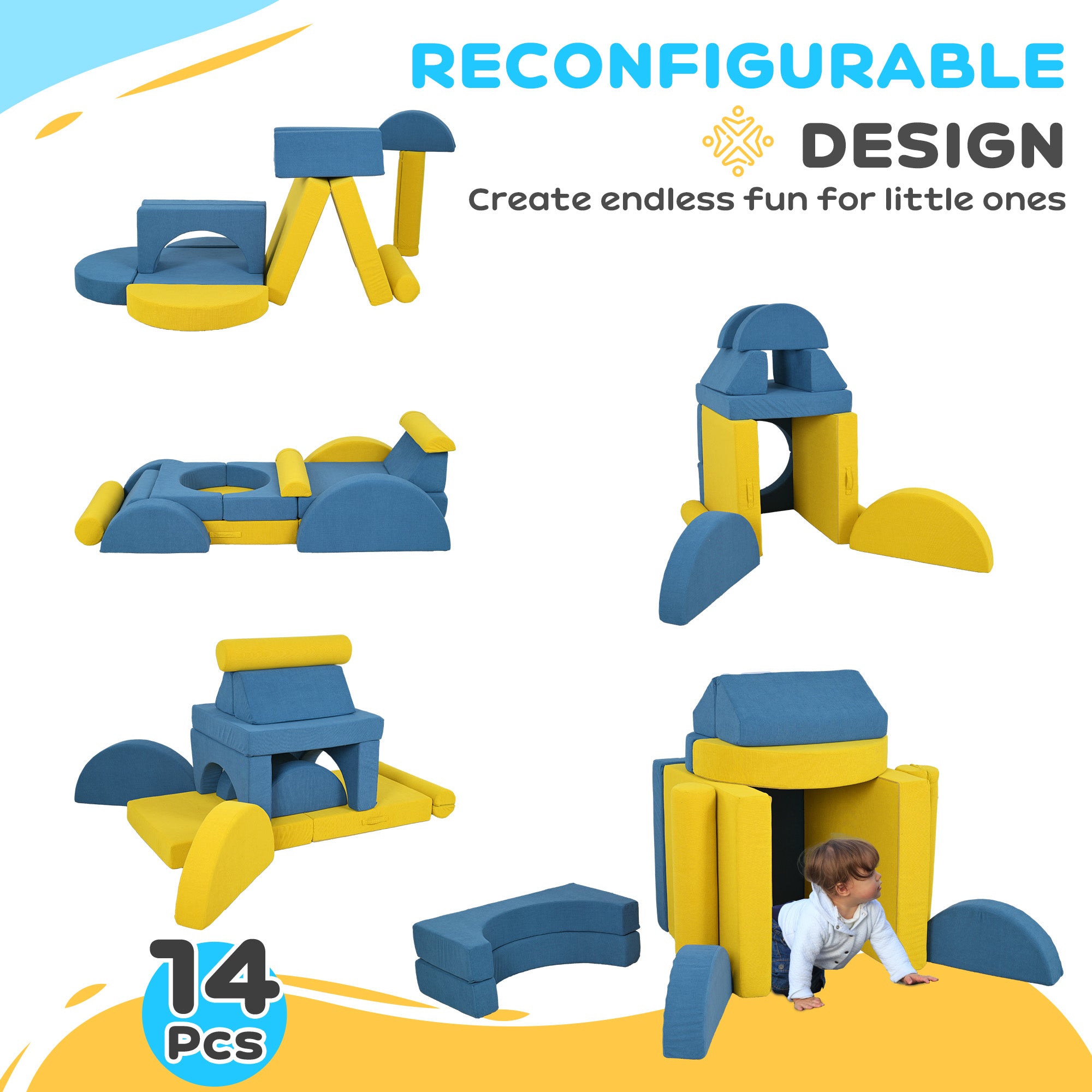 14 Pieces Foam Climbing Blocks for Toddlers, Indoor Climb and Crawl Activity Play Set, Yellow