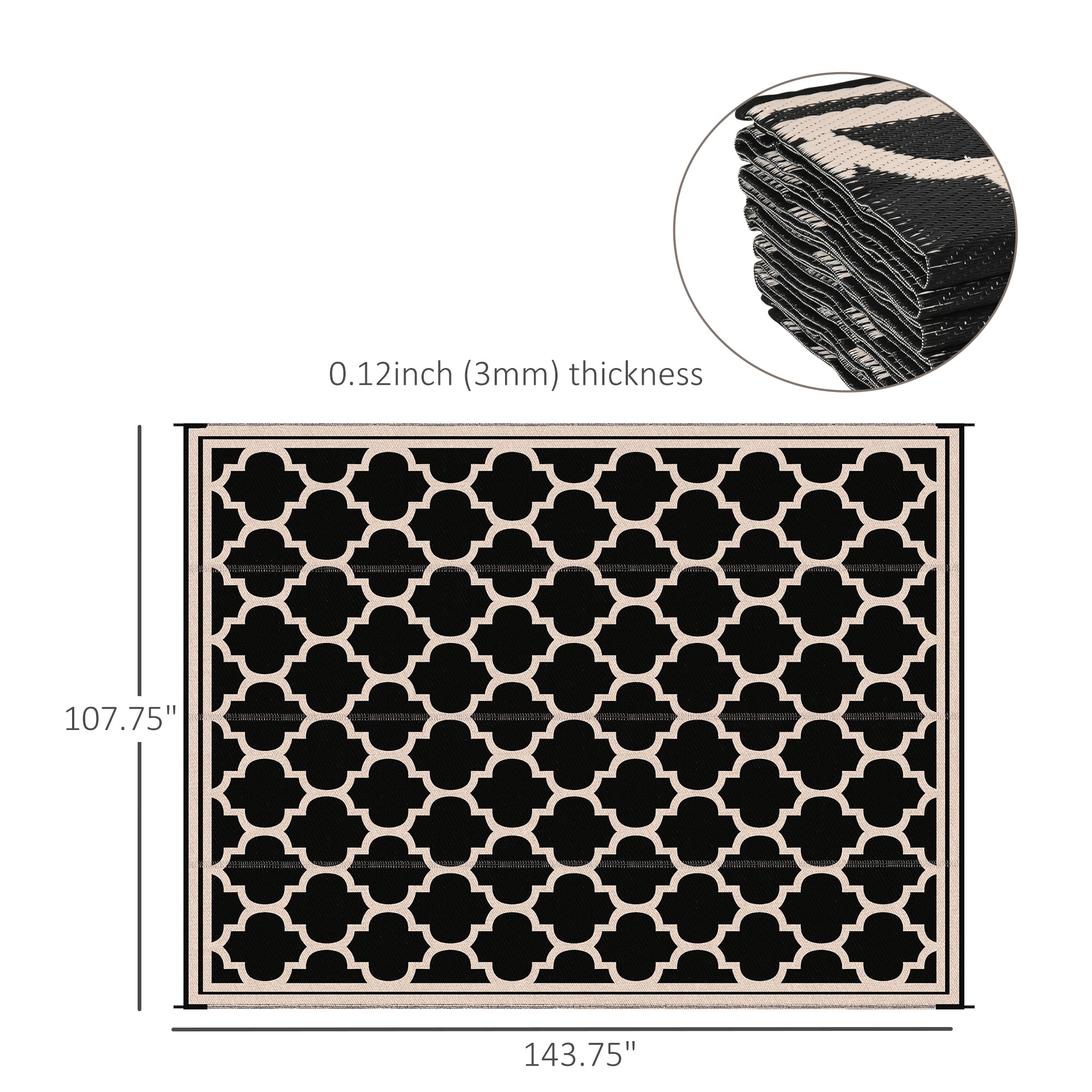 Reversible Polypropylene Outdoor Rug Folding, Durable, Perfect for Camping, Deck & Beach Black