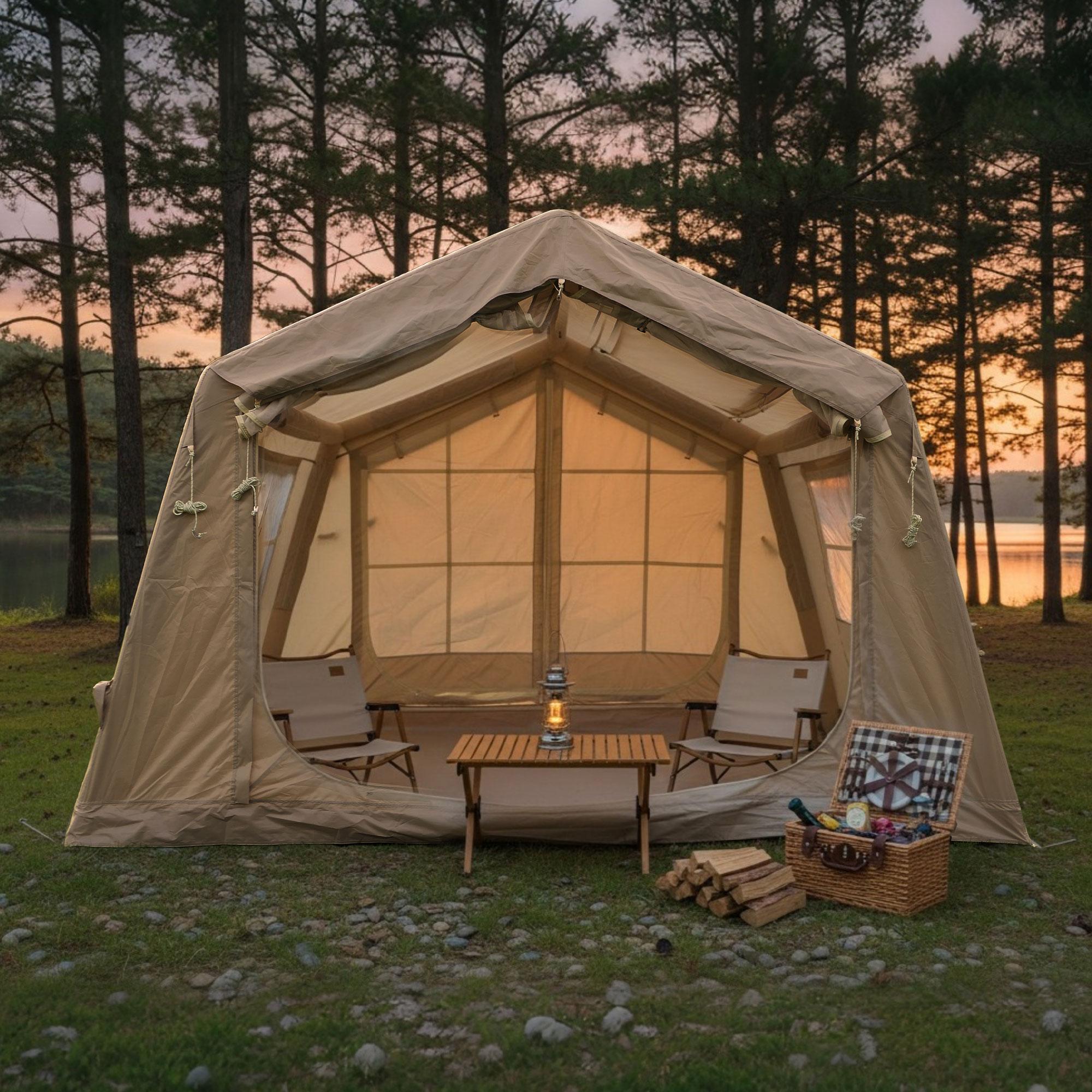 Upgrade Inflatable Camping Tent with Higher Sidewalls, 4-Season Waterproof Family Tent with Stove Jack, 126″ L x 98.5″ W x 82.5″ H, Beige