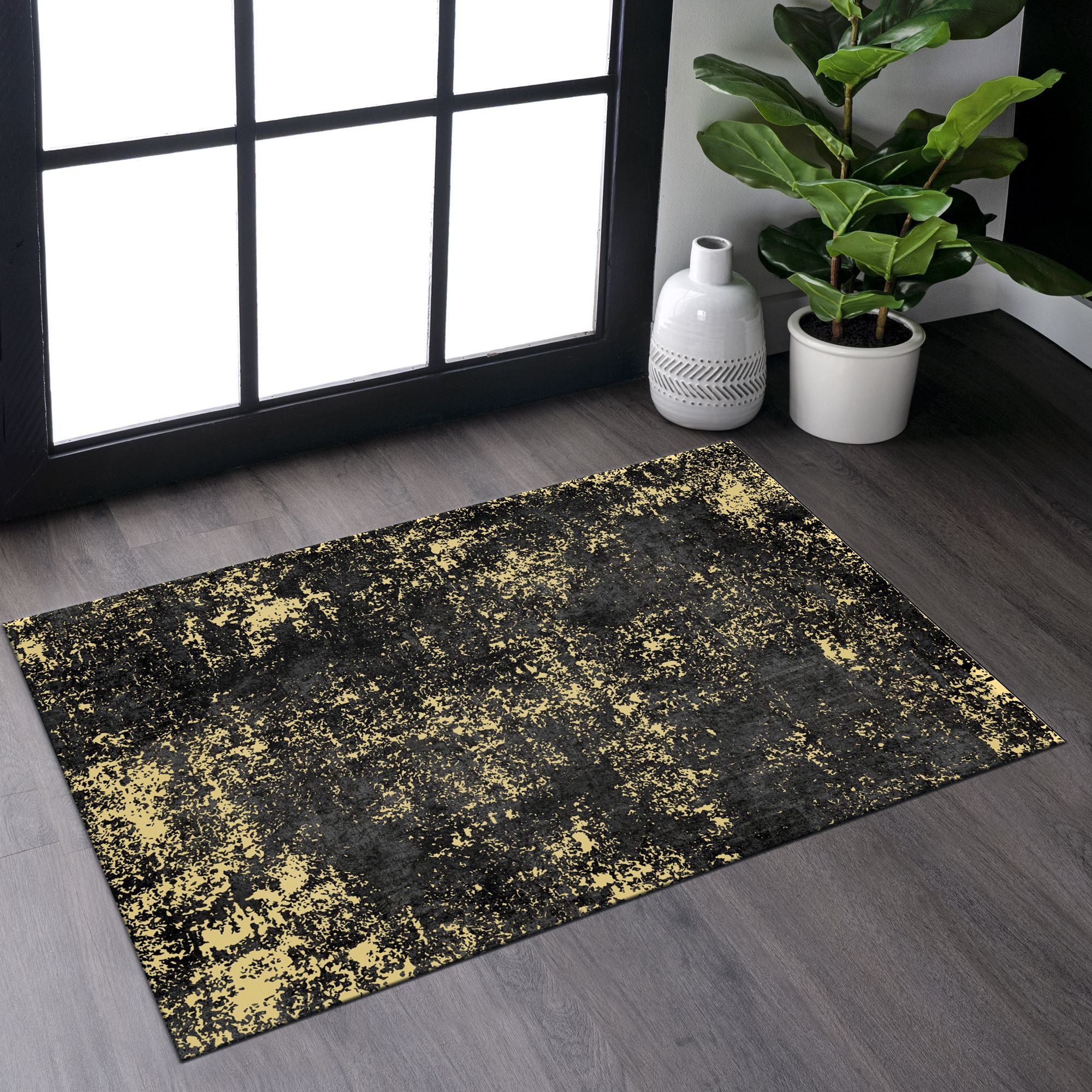 2x3 Non-Slip Machine Washable Doormat with Low-Pile, Non-Shedding Kid and Pet Friendly Carpet, 24" L x 36" W x 0.15" H, Black+Gold