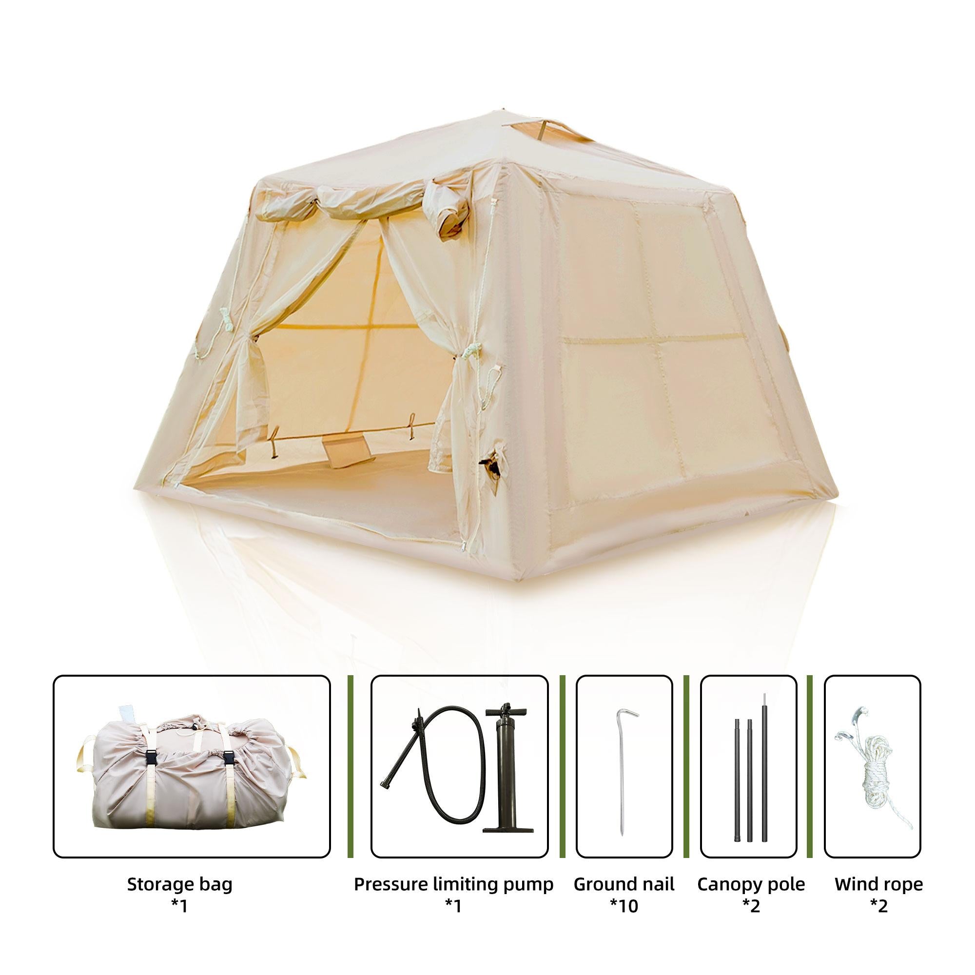 Inflatable Camping Tent with Easy-Setup Blow-Up Design, Waterproof Family Tent with Roll-Up Roof, 94.5″ L x 94.5″ W x 70″ H, Beige