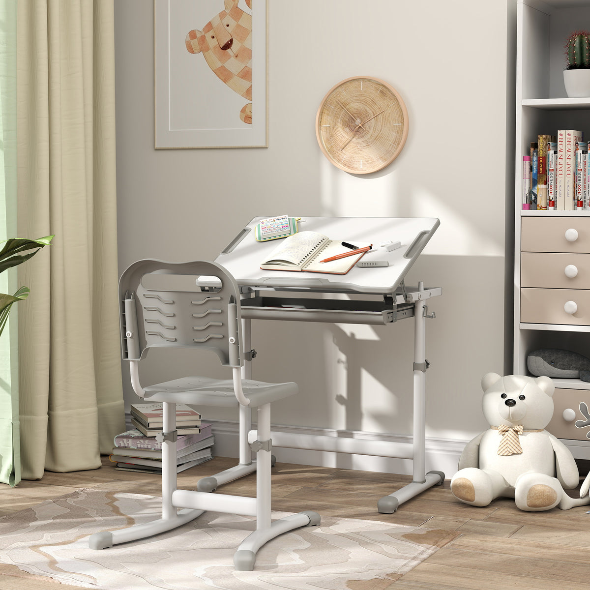 Height Adjustable Kids Desk and Chairs Set with Tilt Desktop, Storage Drawer, Pen Slot, Hook, Gray