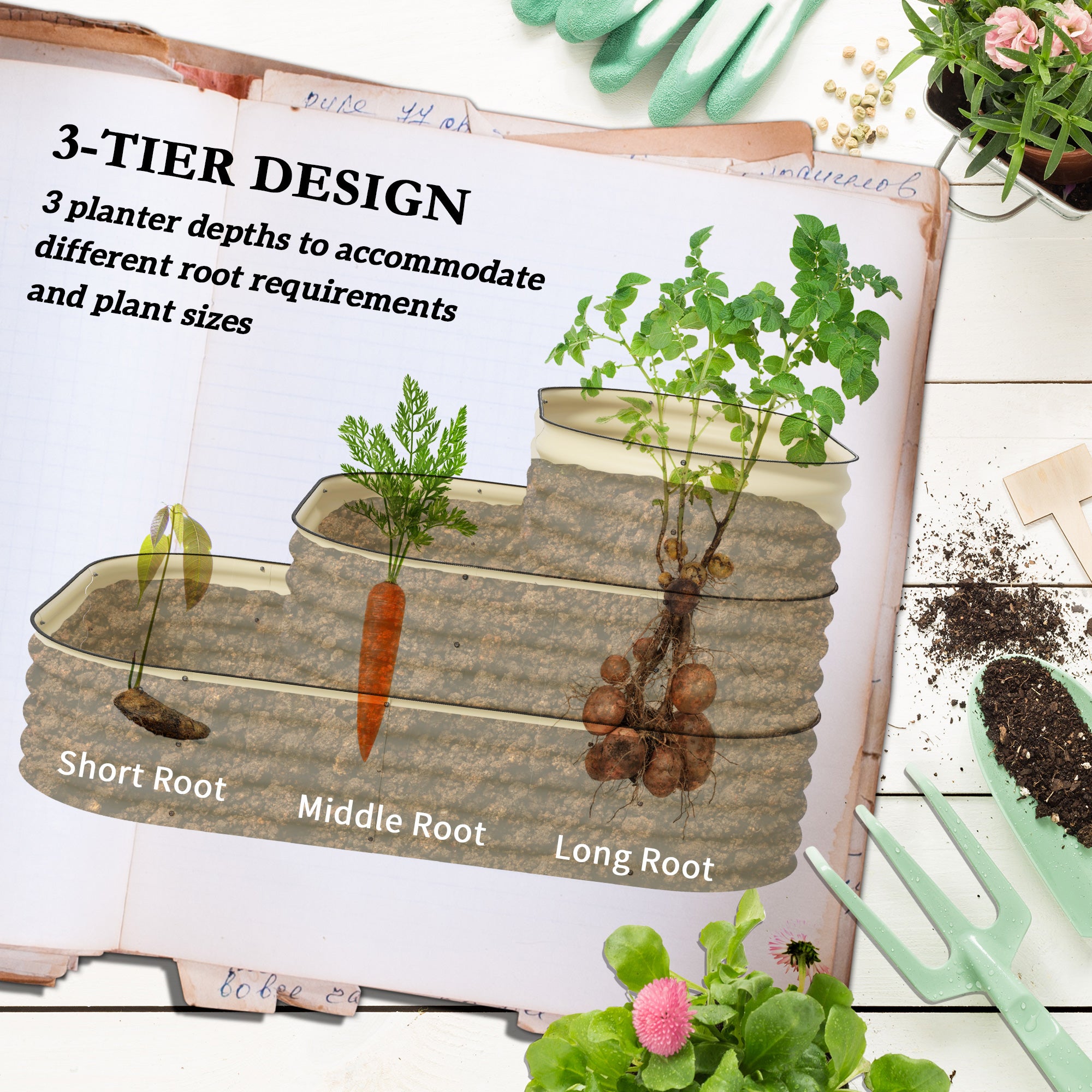 3-Tier Raised Garden Bed Set w/ Safety Edging, Open Bottom for Vegetables, Herbs, Flowers, 62.25" x 43" x 32.25", Cream