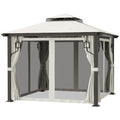 10' x 10' Patio Gazebo, Double Roof Outdoor Gazebo with Privacy Curtains, Mesh Netting, Aluminum Frame Outdoor Canopy Shelter, Cream White