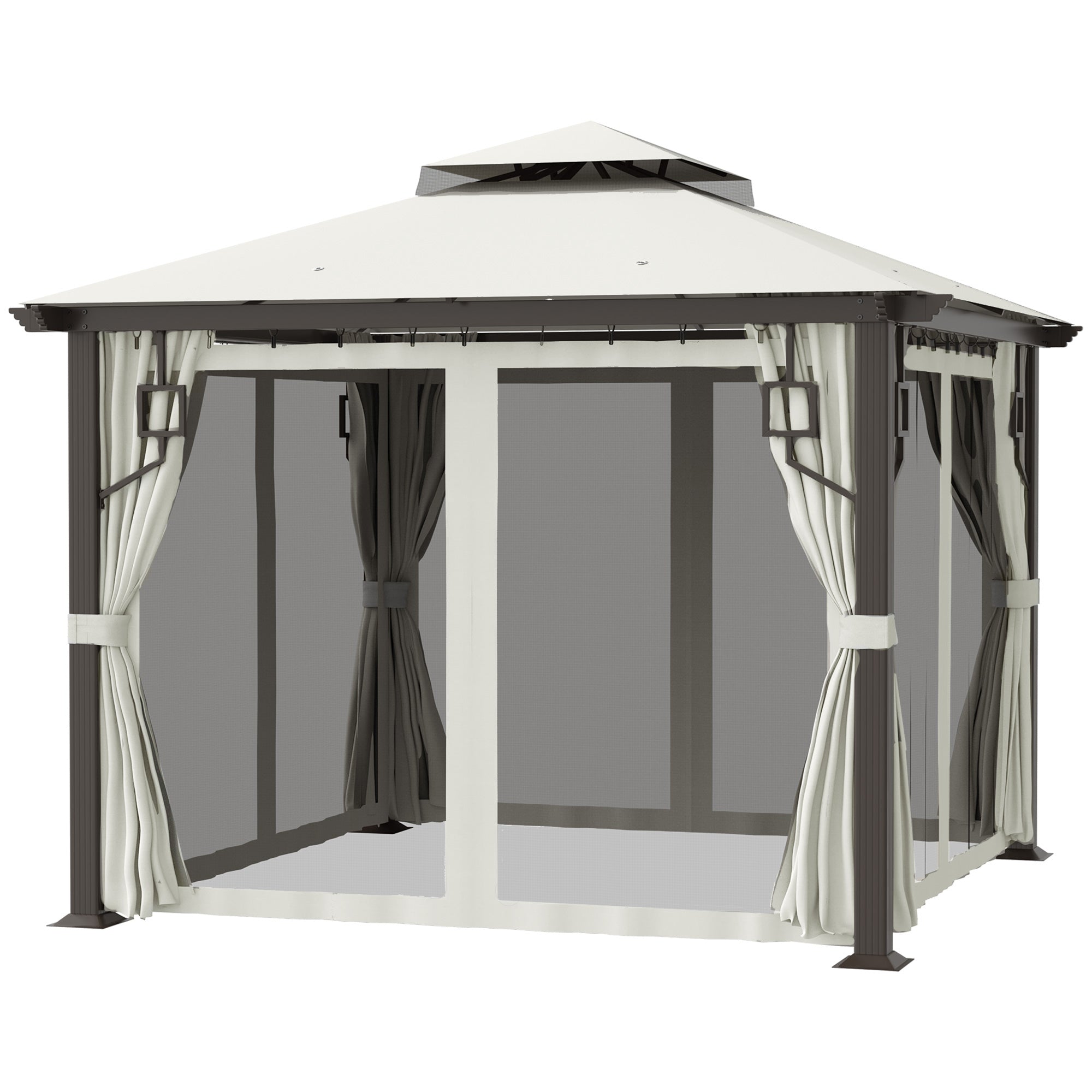 10' x 10' Patio Gazebo, Double Roof Outdoor Gazebo with Privacy Curtains, Mesh Netting, Aluminum Frame Outdoor Canopy Shelter, Cream White