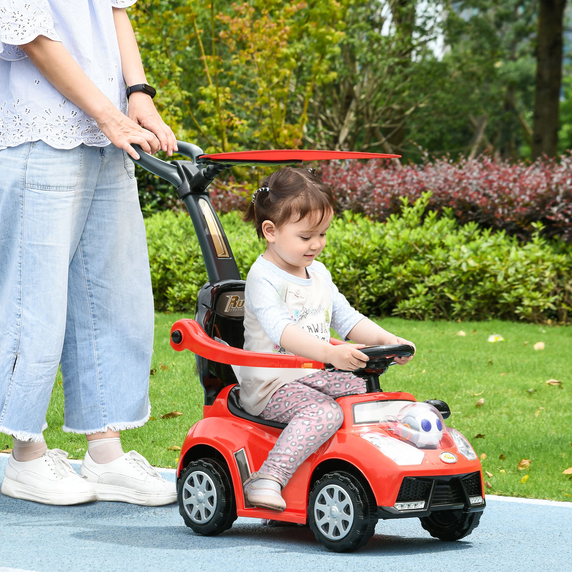 3 in 1 Push Car Sliding Car with Removable Handle, Music, Horn, Canopy, Safety Guardrail, Red