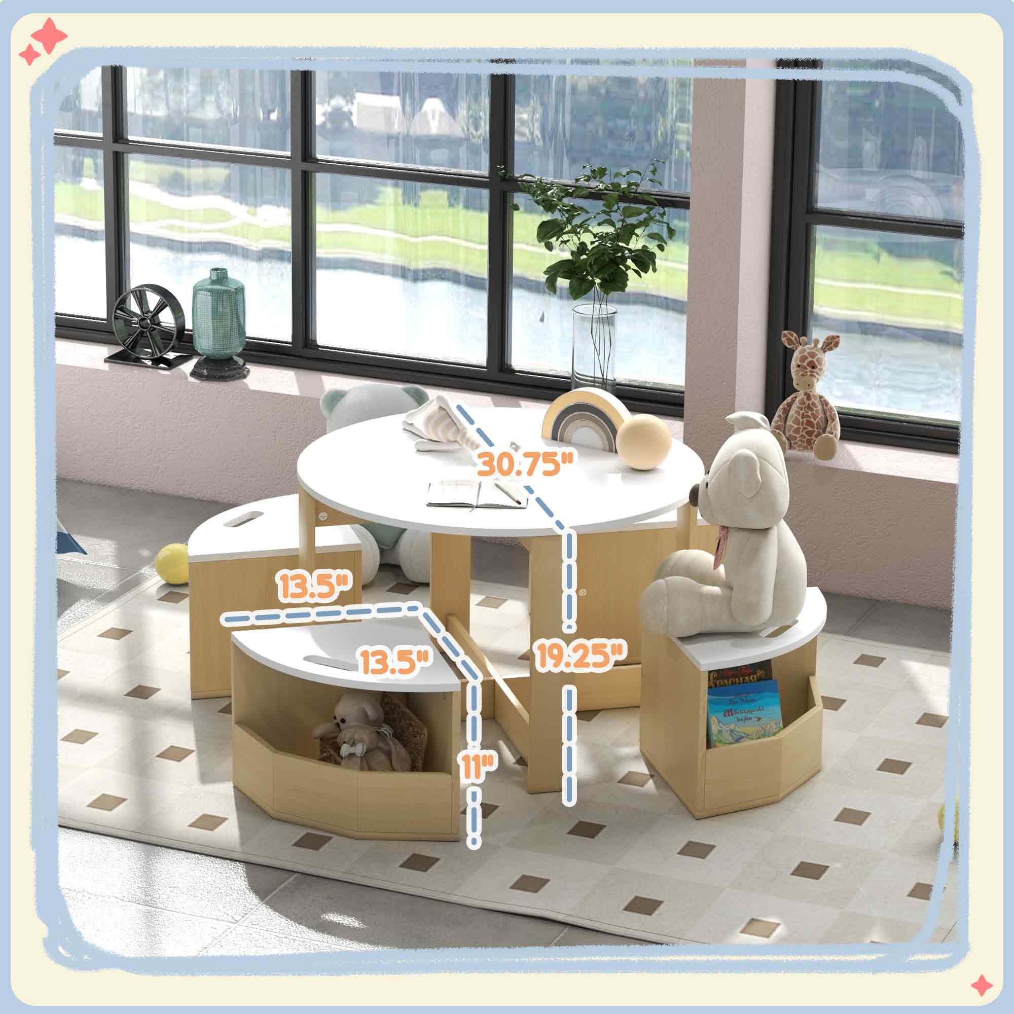 5 Piece Kids Table and Chairs Set with Storage for Art, Craft, Drawing, Playroom, Classroom, Nursery, White