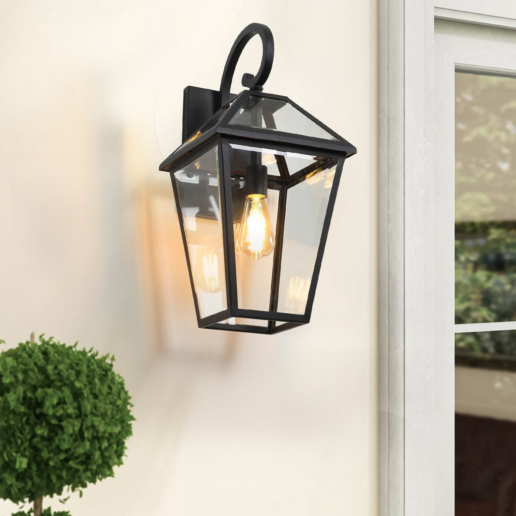 21" Outdoor Wall Lantern Light with Weather-Resistant Design, Modern Meta, Clear Glass Sconce, Easy Installation, 12" L x 10" W x 21" H, Black