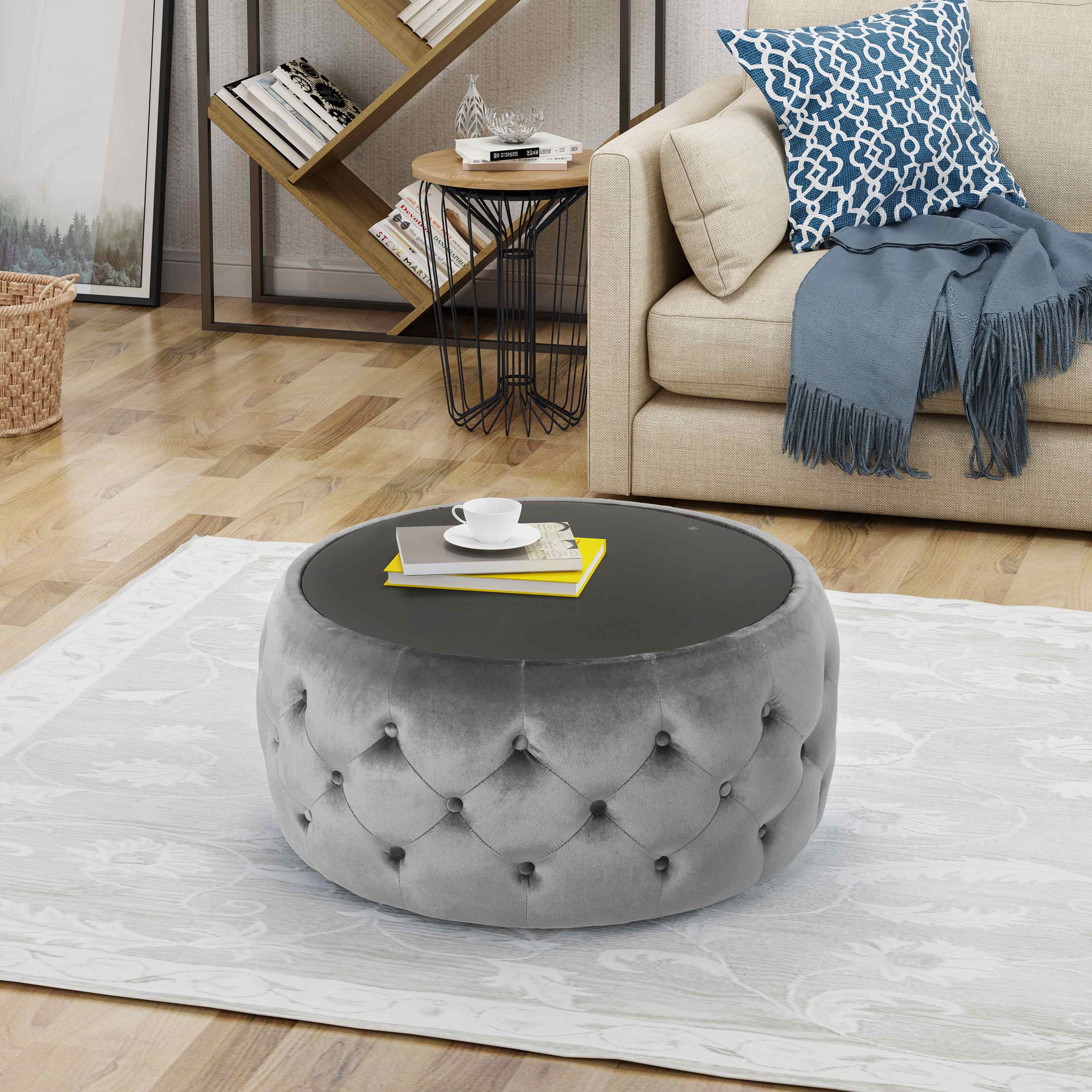 Velvet Ottoman with Cushioned Top, Sturdy Frame, and Space-Saving Design, 30" L x 30" W x 14.5" H, Smoke