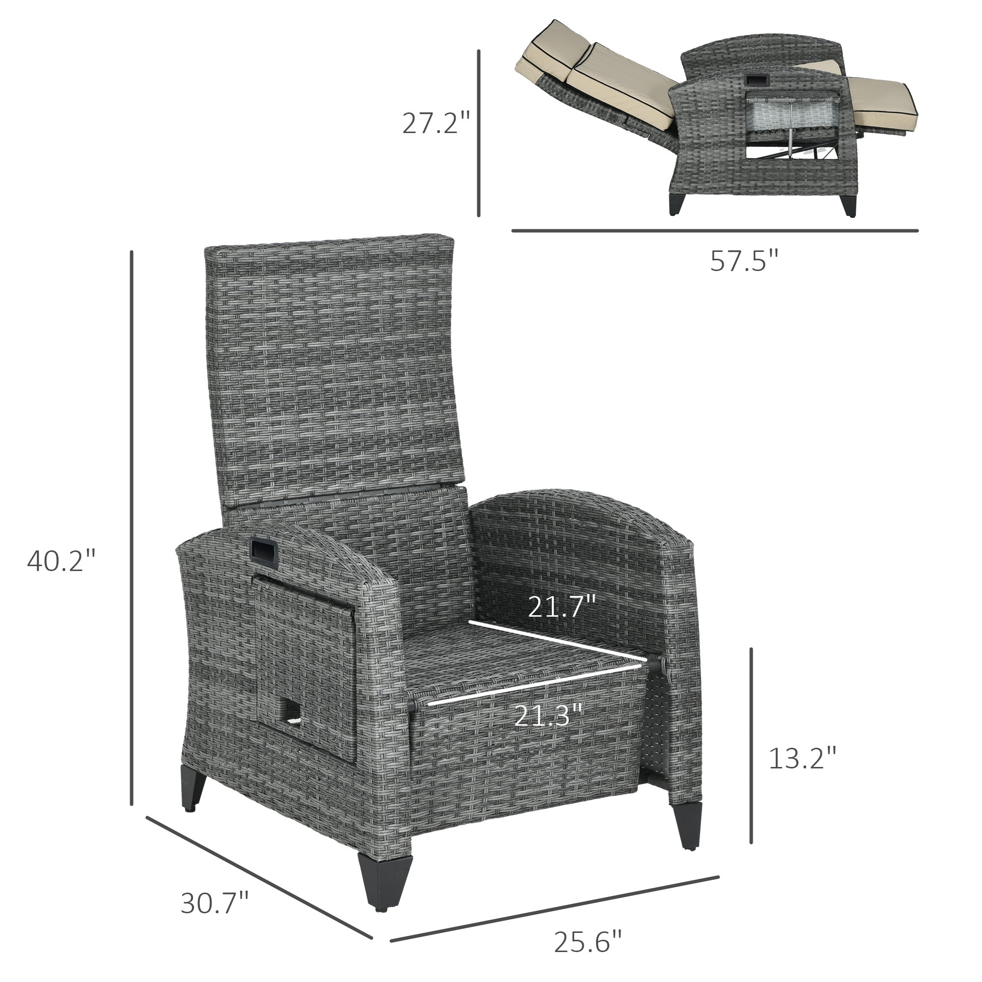 Outdoor Recliner Chair with Cushions, Reclining Patio Lounge Chair with Adjustable Footrest, Armrests, Tray Table, Khaki