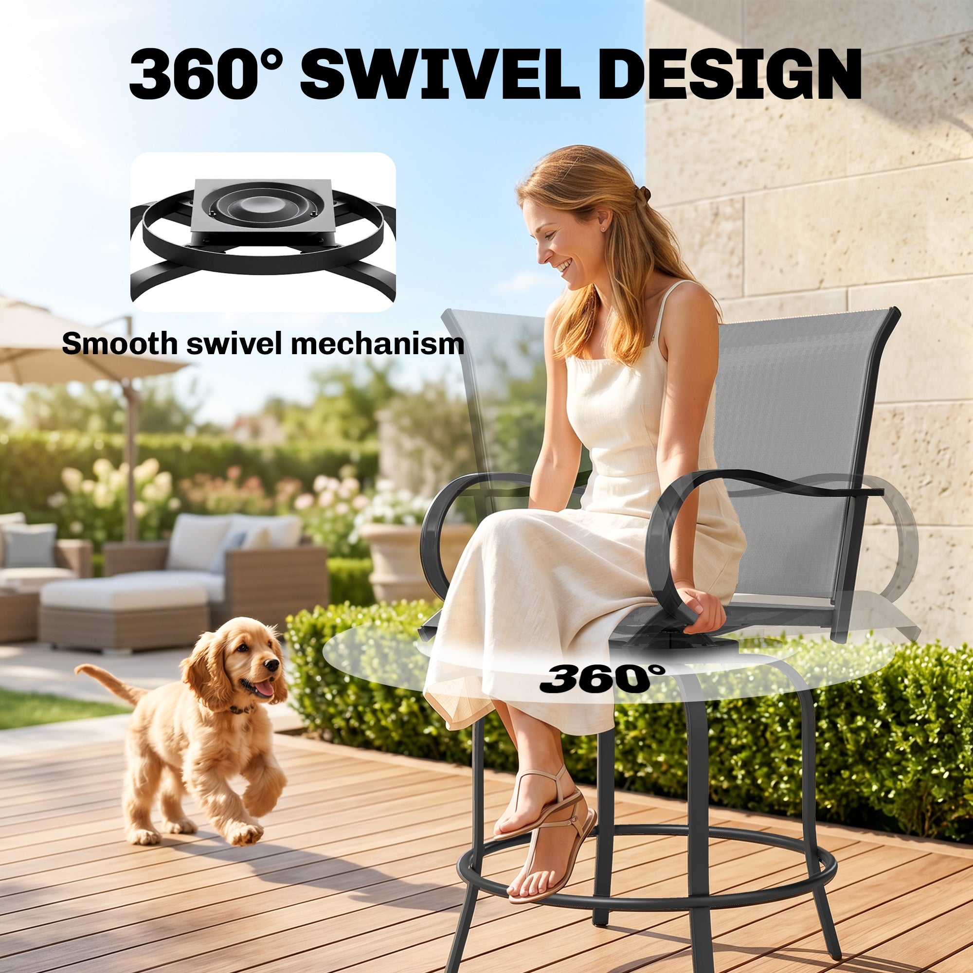 Outdoor Bar Stools Set of 2, 360° Swivel Bar Height Chairs, 26.75" x 29.5" x 48.5", Gray