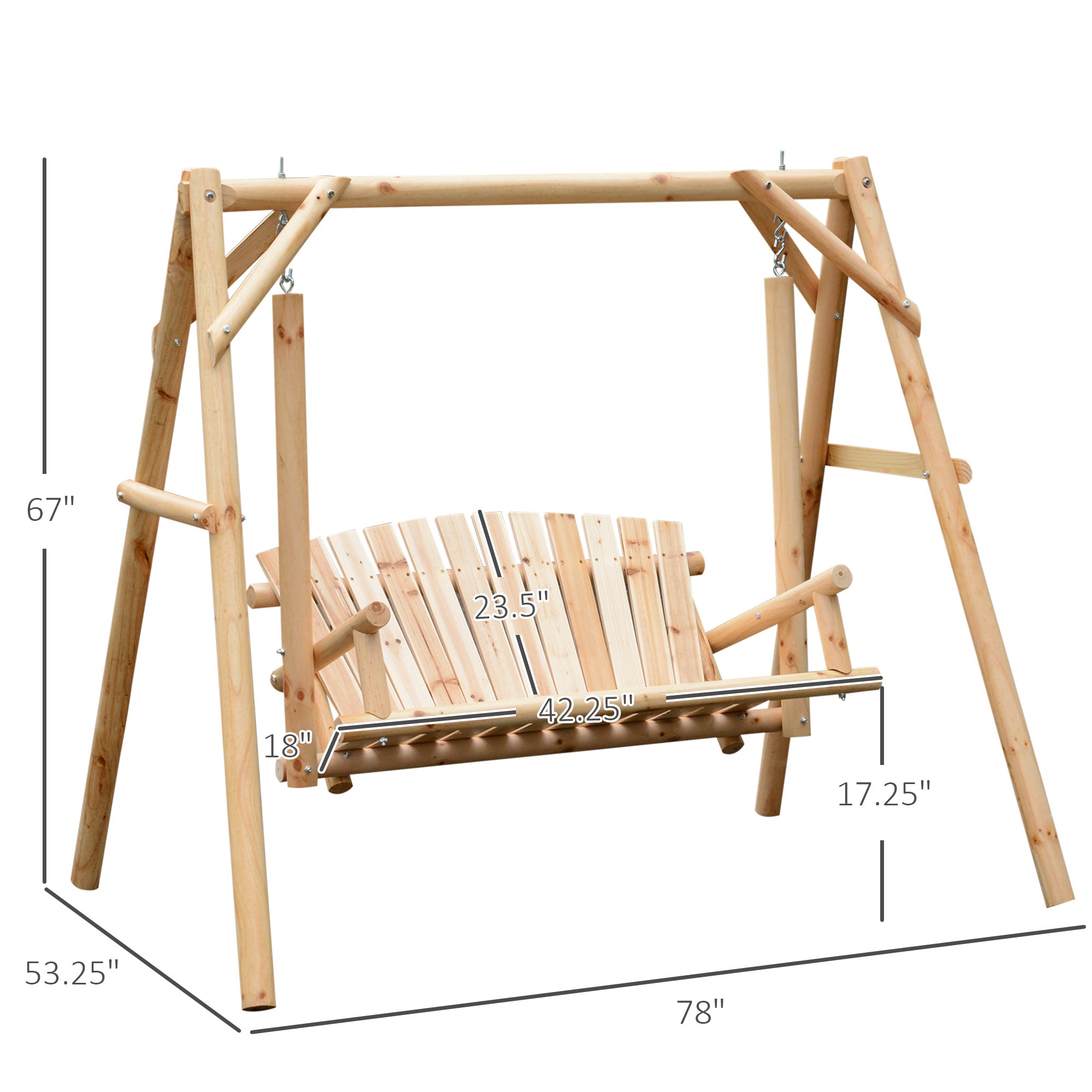 2-Seat Wooden Swing Bench, Ergonomic Design, 'A' Frame Construction, Stable and Non-Slip, Solid Wood Frame Log Garden Swing, for Outdoor and Indoor, Natural Wood