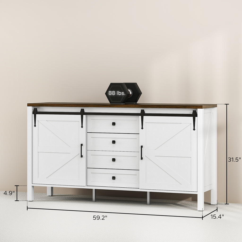 59" Buffet Cabinet, Farmhouse Sideboard with Thick Top, 2 Barn Doors, 4 Drawers and 2 Adjustable Shelves, White