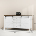 59" Buffet Cabinet, Farmhouse Sideboard with Thick Top, 2 Barn Doors, 4 Drawers and 2 Adjustable Shelves, White