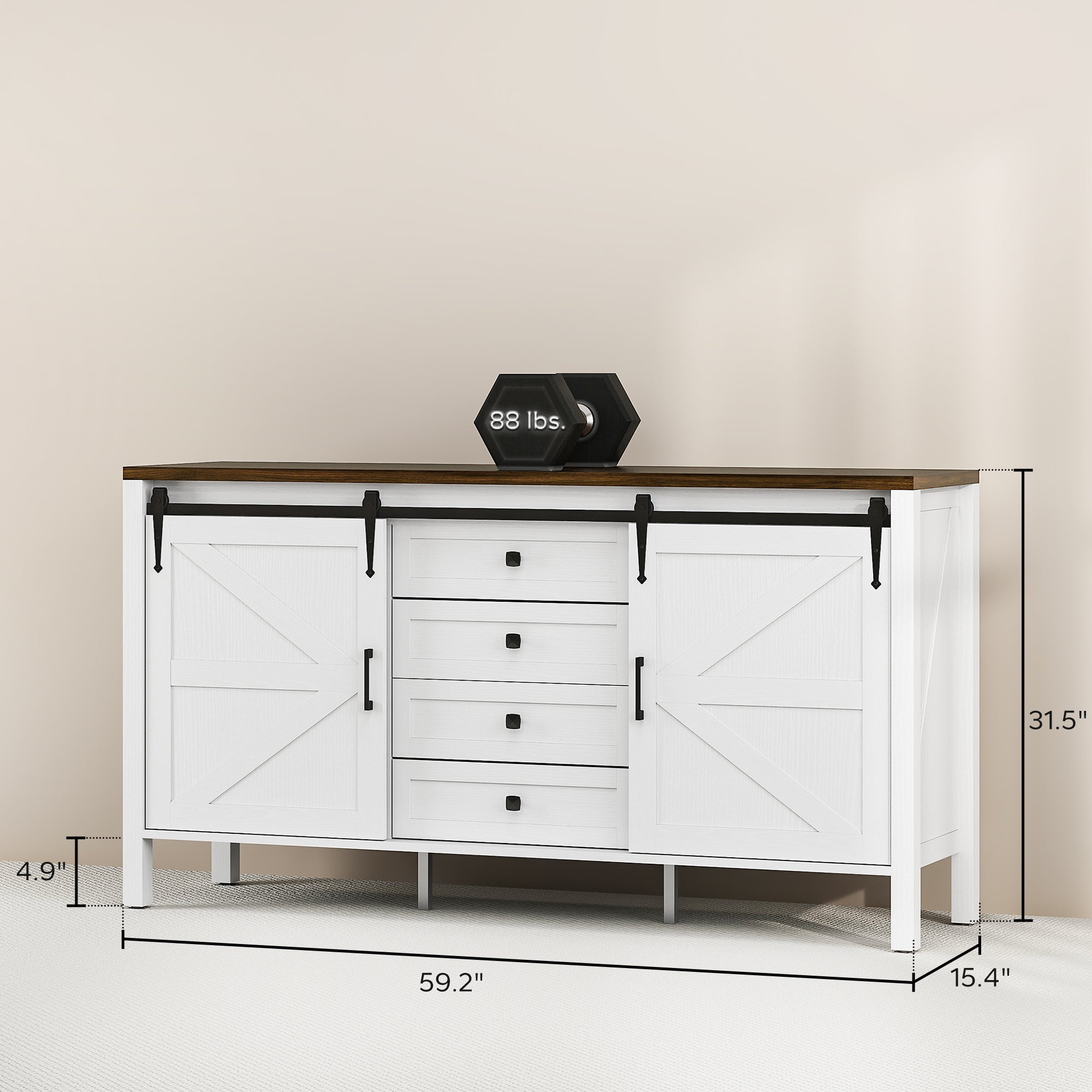 59" Buffet Cabinet, Farmhouse Sideboard with Thick Top, 2 Barn Doors, 4 Drawers and 2 Adjustable Shelves, White