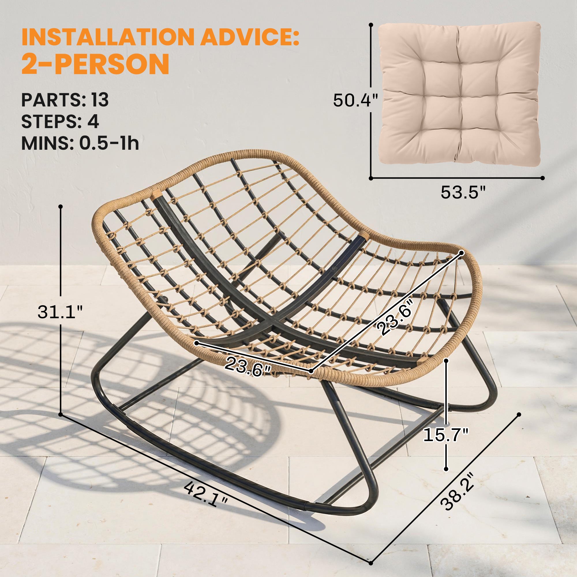 Indoor Outdoor Papasan Rocking Chair, Oversized Rocking Egg Chair with Cushion for Garden, Patio, Cream White