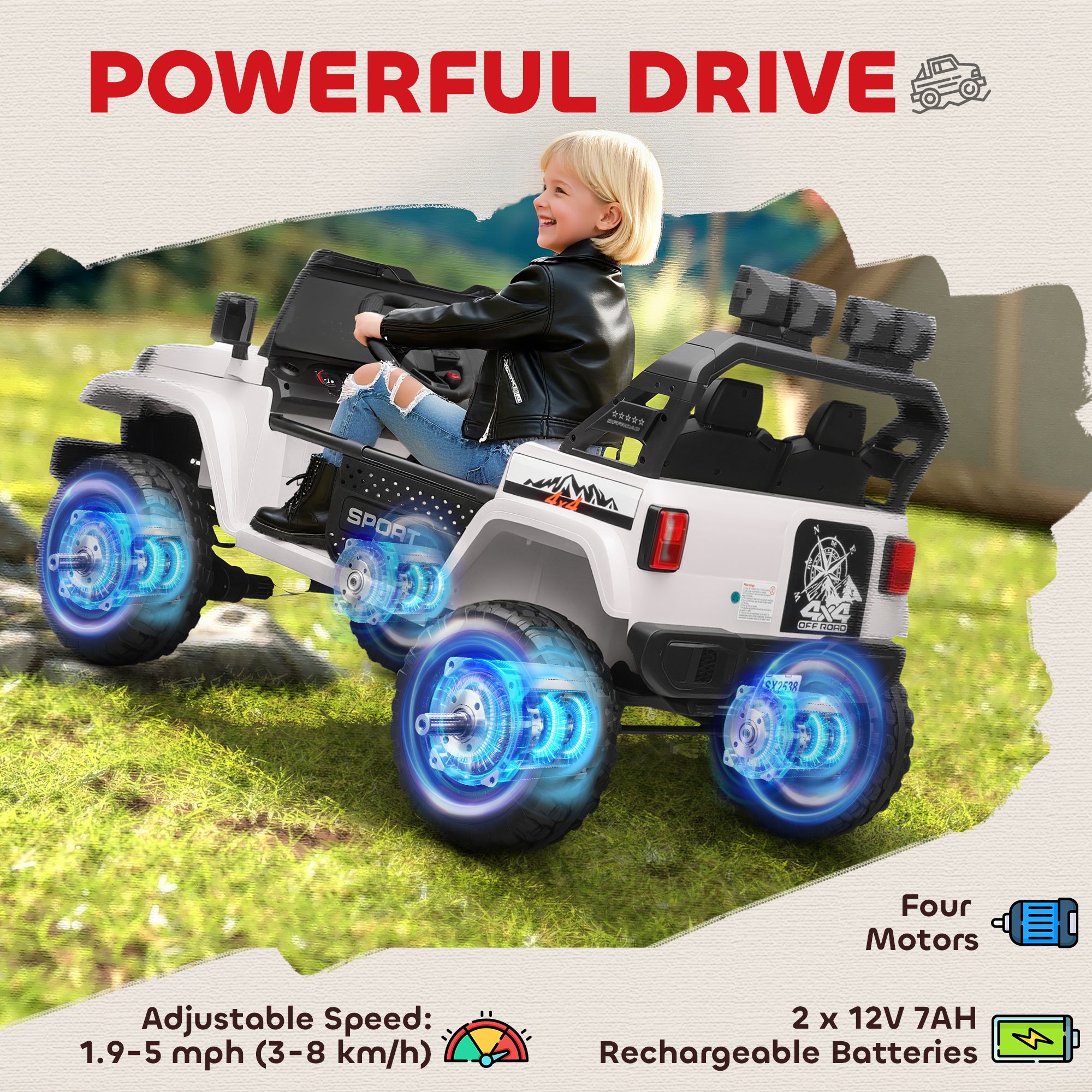 Ride on Truck Car with 2-Seater, 24V Electric Car with 4 Motors, Remote Control, Spring Suspension for 3-8 Years, White