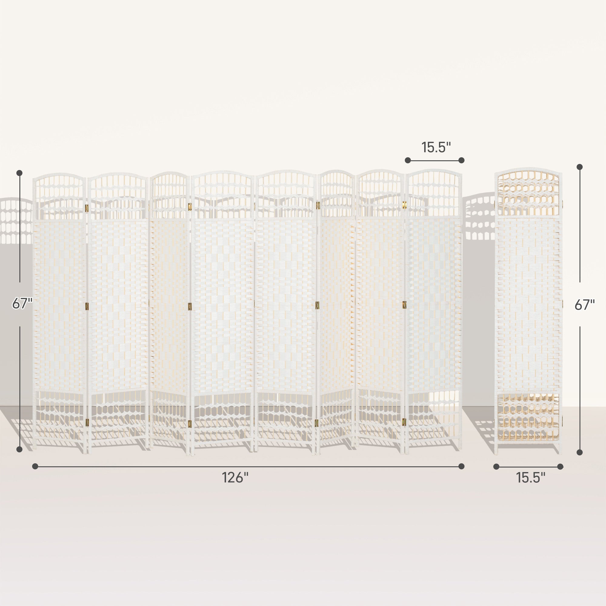 8 Panel Folding Room Divider Portable Privacy Screen Wave Fiber Room Partition for Home Office White