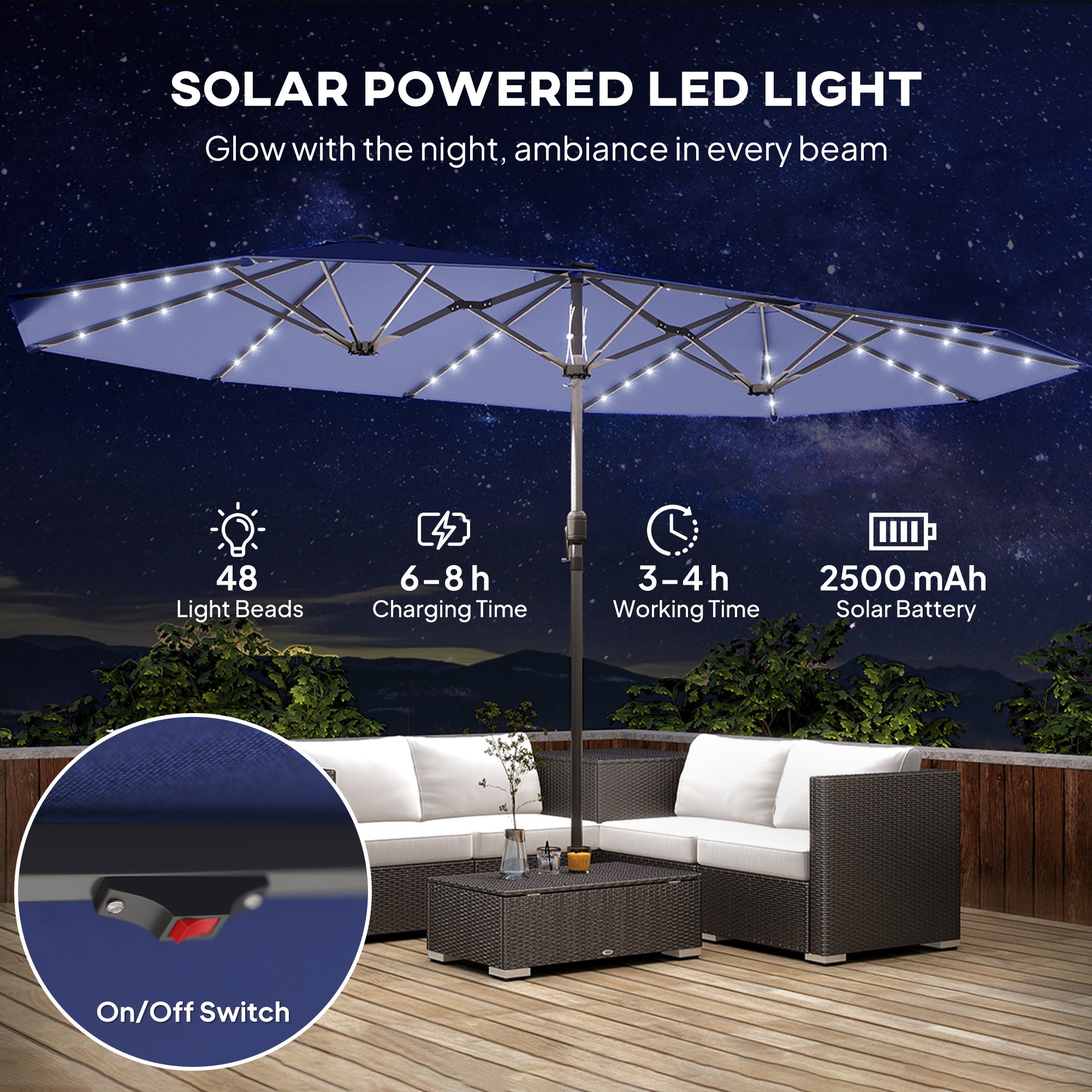 Garden Parasol, Double-Sided Sun Umbrella with LED Solar Lights, Patio Parasol for Outdoor, Navy Blue