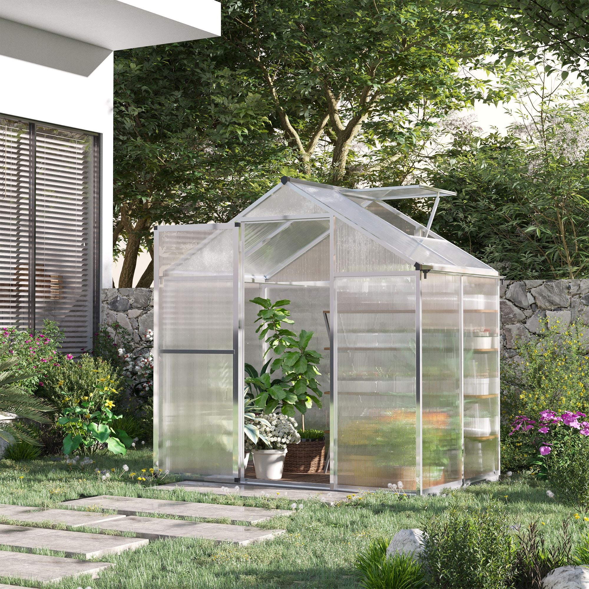 4' L x 6' W Walk-In Polycarbonate Greenhouse with Roof Vent,Greenhouse for Winter