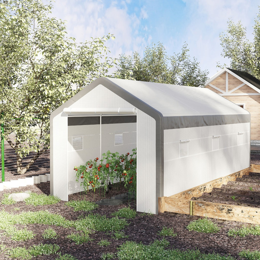 20' x 10' x 9' Walk-in Greenhouse, Outdoor Garden Warm Hot House with 6 Roll-up Windows, 2 Zippered Doors and Weather Cover, White