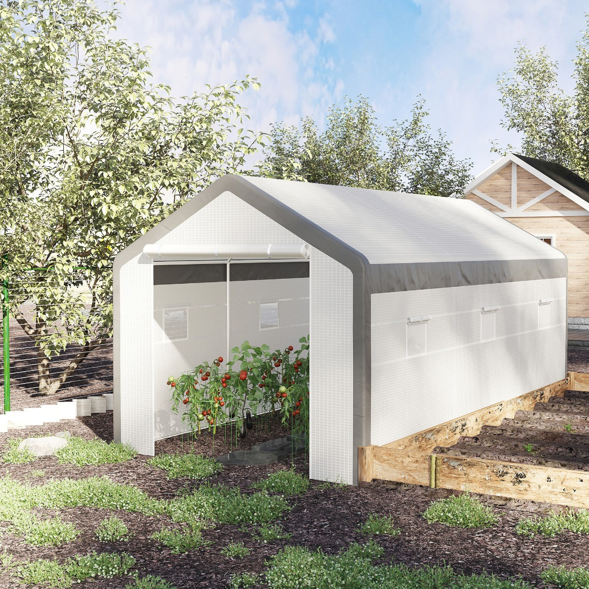 20' x 10' x 9' Walk-in Greenhouse, Outdoor Garden Warm Hot House with 6 Roll-up Windows, 2 Zippered Doors and Weather Cover, White