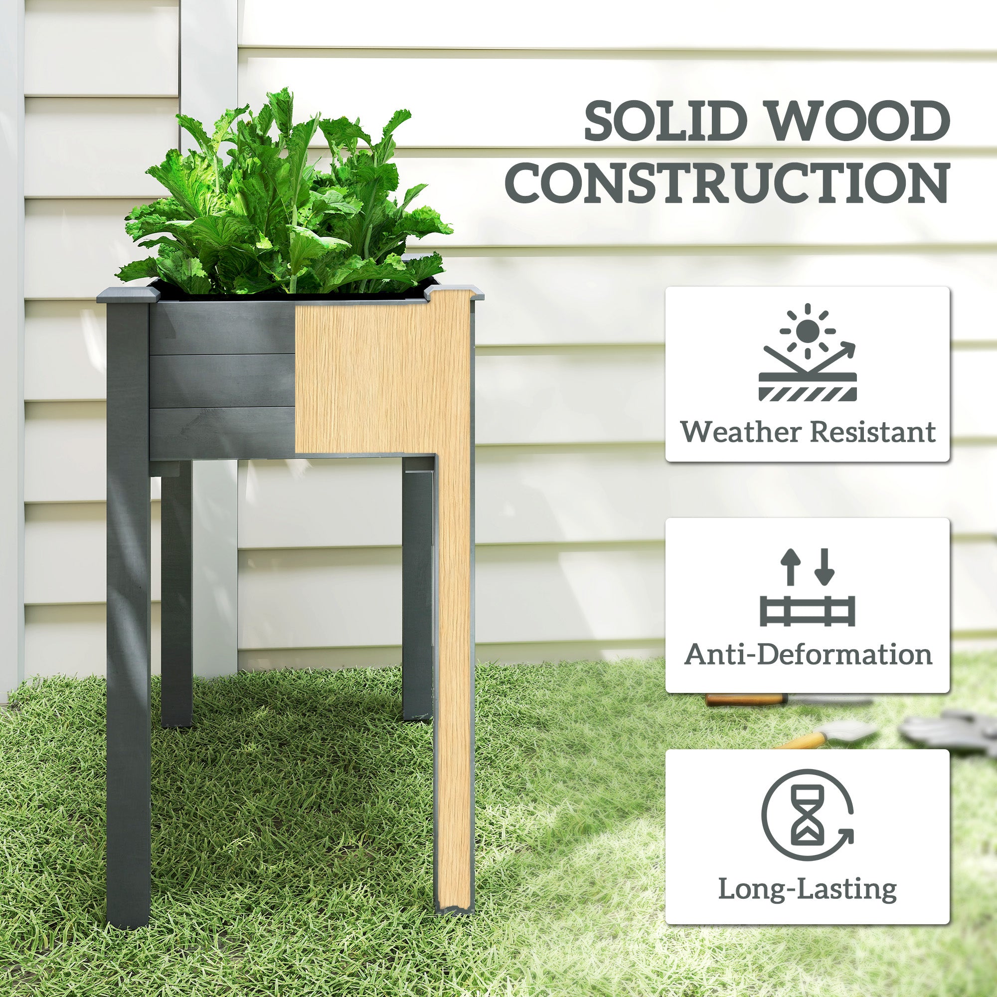 34" Raised Garden Bed, Elevated Wooden Planter Box with Holes for Vegetables, Herb, Flowers for Backyard, Dark Gray