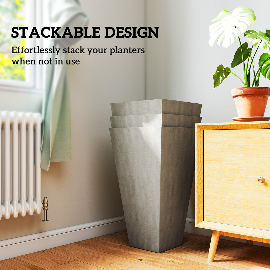 Tall Planters for Outdoor Plants Set of 3, 28 In Taper Planters with Drainage Holes, Indoor Grande Plant Pots, Front Porch Decor, Grey