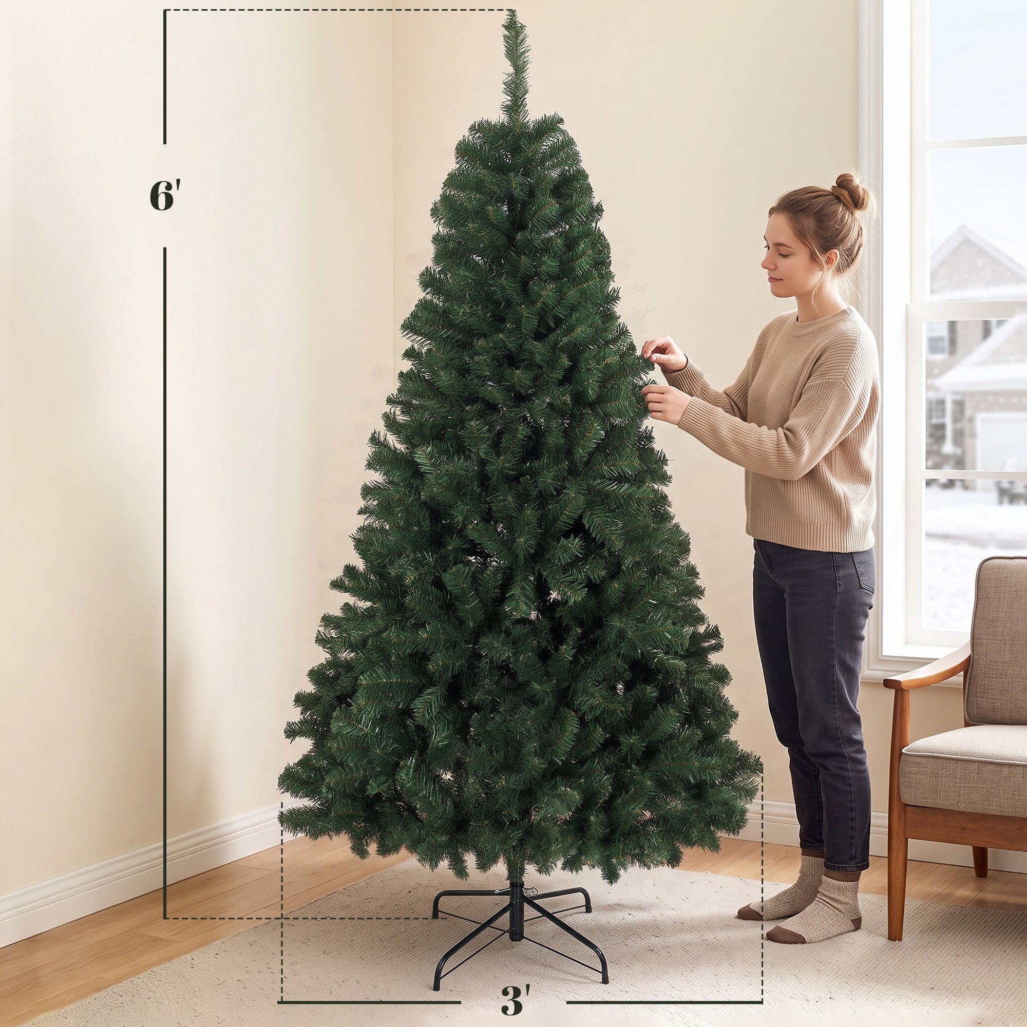 6 ft Artificial Christmas Tree, Norway Spruce Tree, Hinged Xmas Tree with Metal Stand