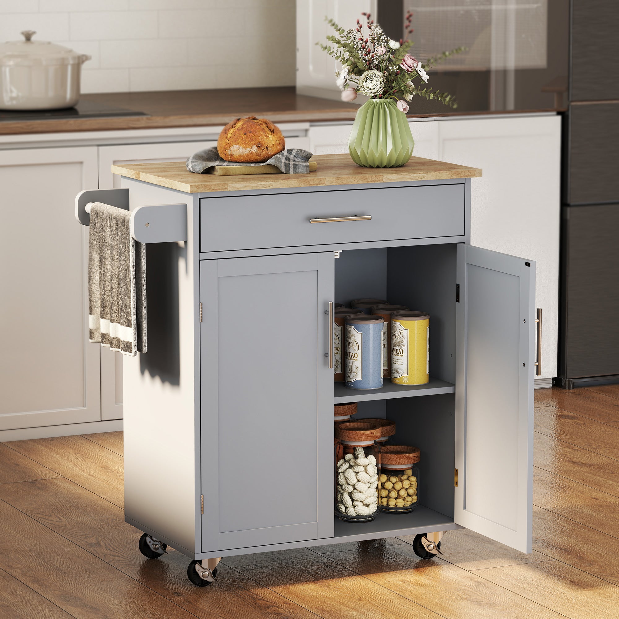 Kitchen Island Cart, Rolling Island Table with Solid Wood Top, Trolley Cart with Drawer, Storage Cabinet & Towel Rack, Gray