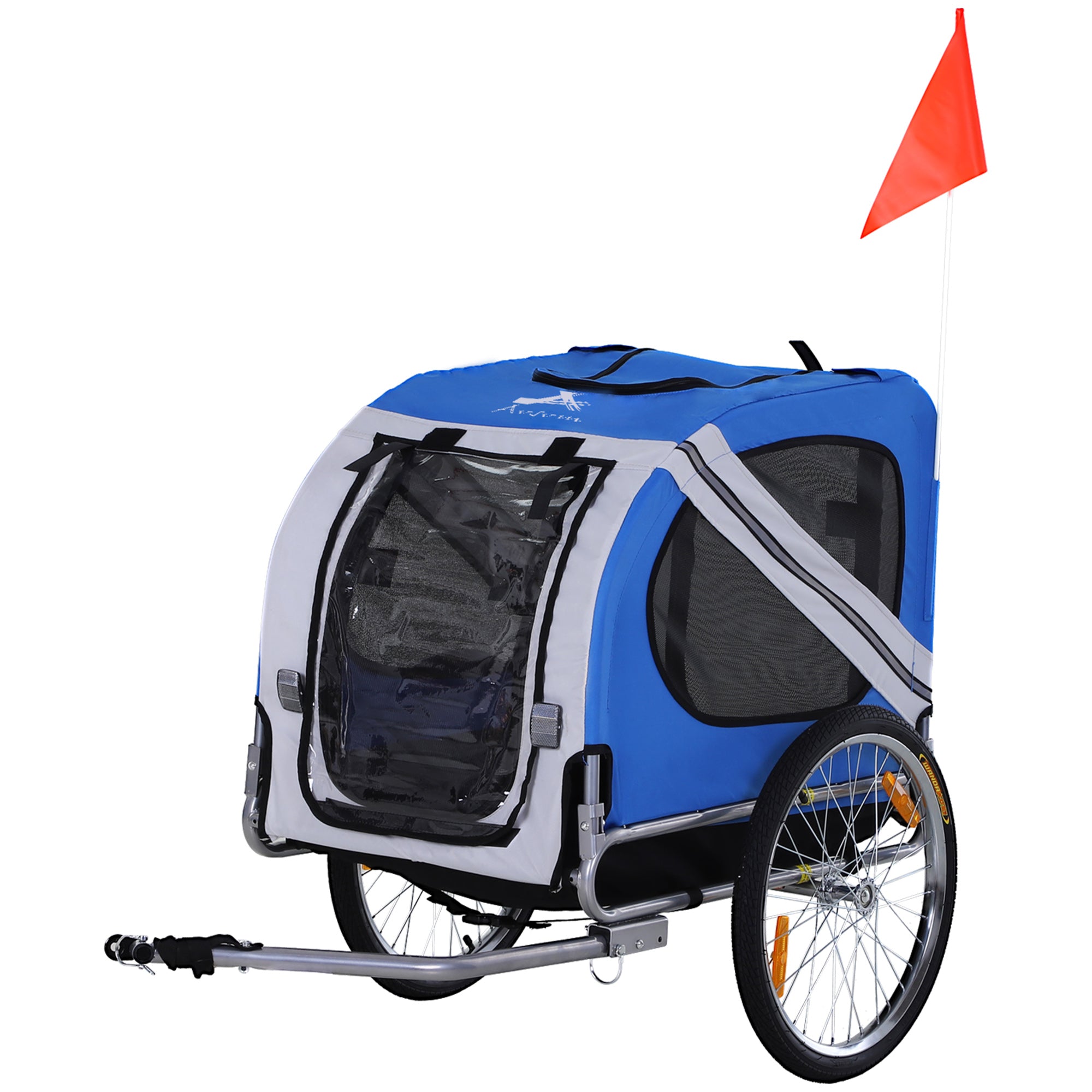 Dog Bike Trailer, Pet Wagon Bicycle Trailer with Easy Folding Cart Frame, 20" Large Rubber Wheels, 3 Entrances, Mesh Screen, Pet Bike Trailer for Off-Road & Travel, Blue and White