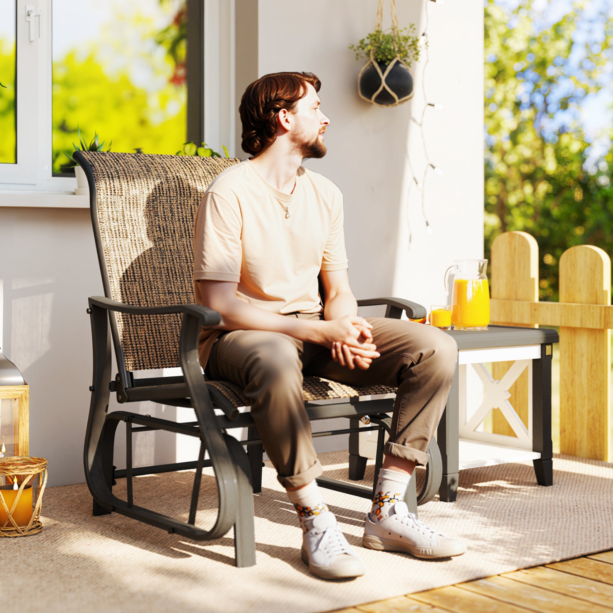 Outdoor Glider Chair Patio Glider Swing Chair with Mesh Seat, Steel Frame for Backyard, Garden, Porch, Light Mixed Brown