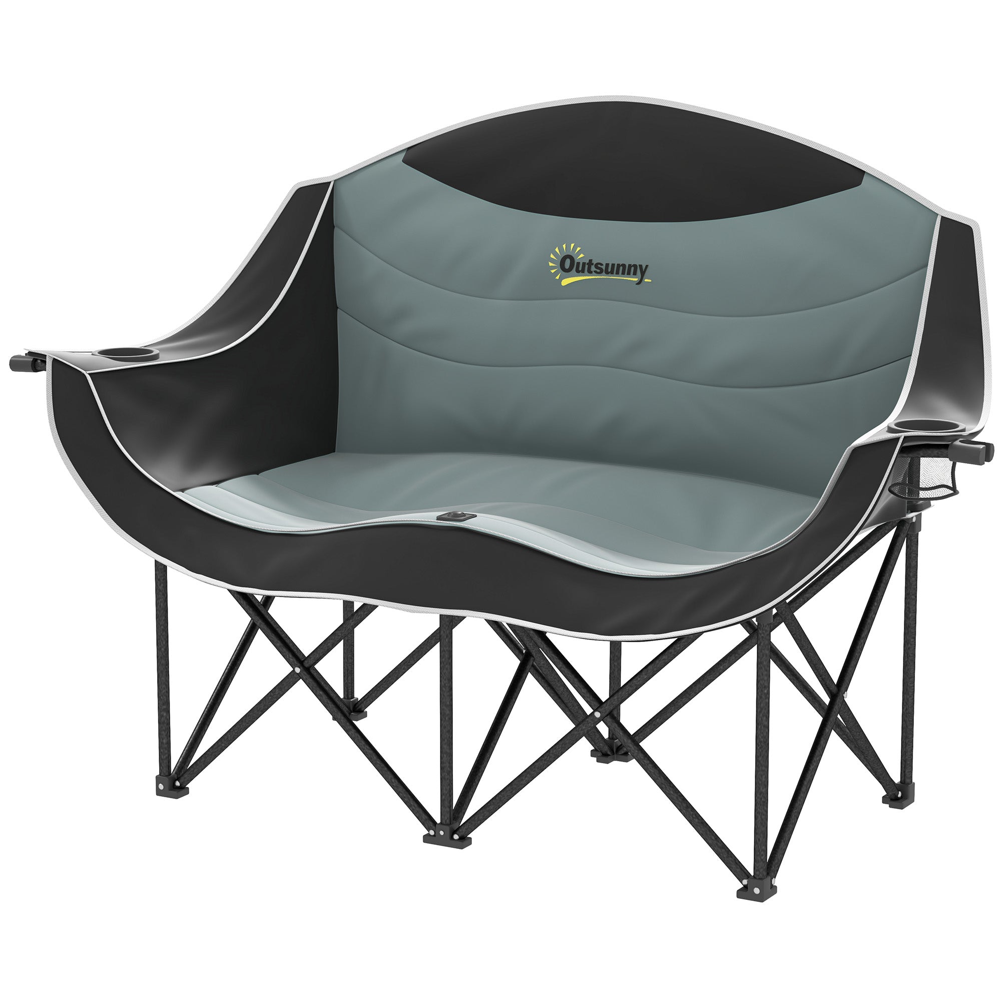 Padded Folding Camp Chair for Adults, Double Camping Chair with Armrests, Cup Holders, Carry Bag for Outdoor, Black
