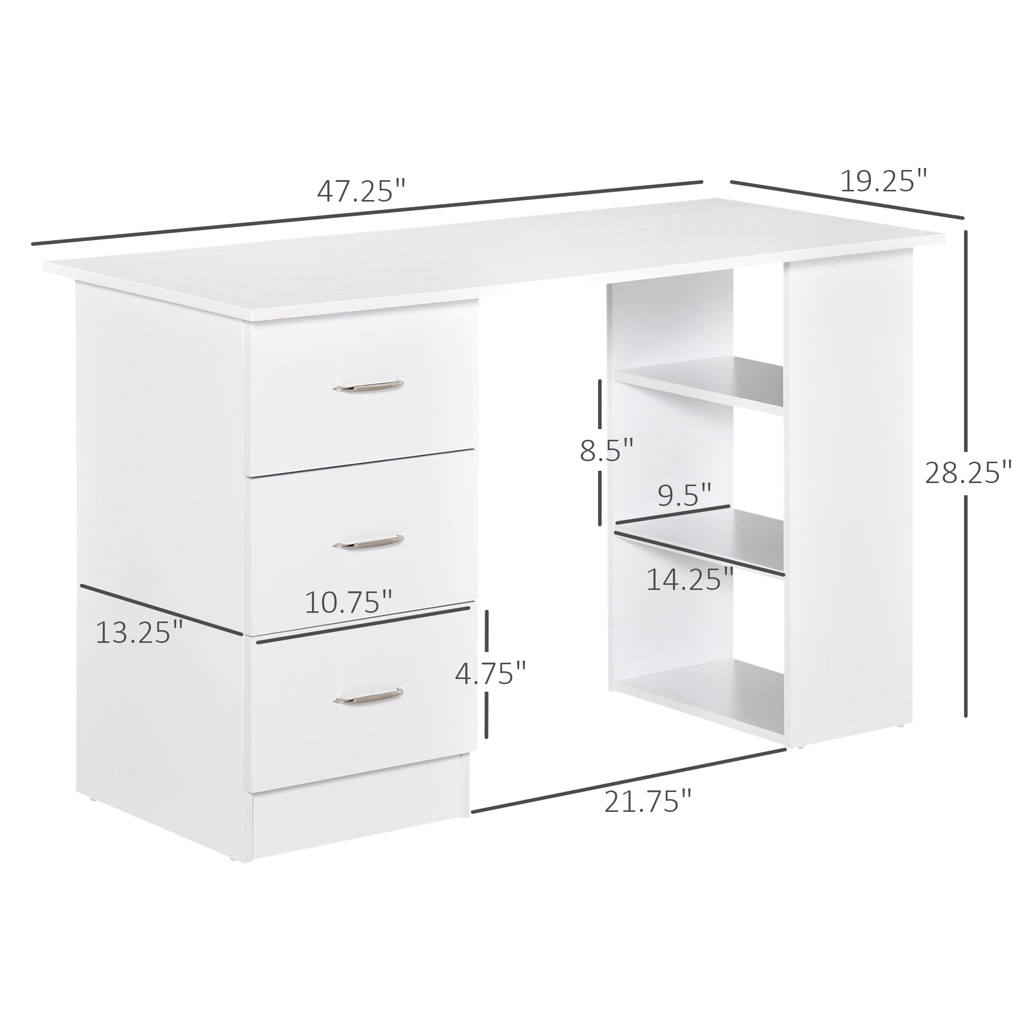 47" Modern Home Office Computer Desk Bookcase Combo Writing Table Workstation with 3 Drawer and Storage Shelf - White