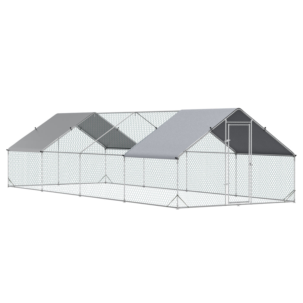 Large Chicken Coop Metal Chicken Run with Waterproof and Anti-UV Cover, Spire Shaped Walk in Fence Cage Hen House for Outdoor and Yard Farm Use, 1" Tube Diameter, 9.8' x 26.2' x 6.6'