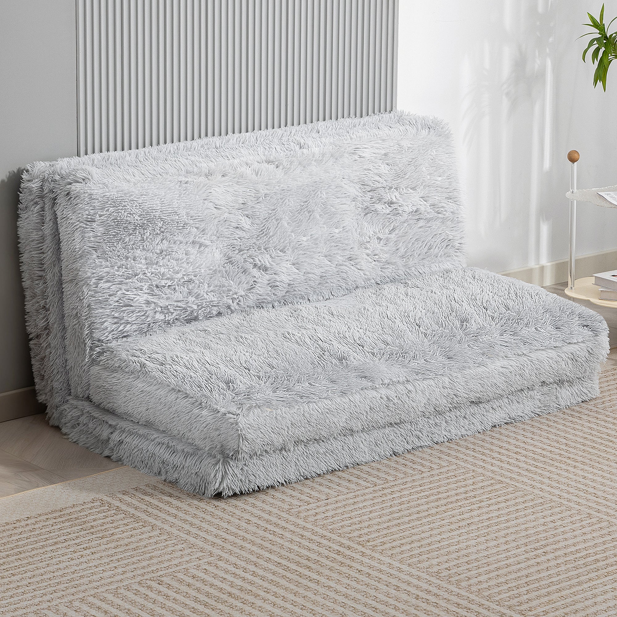 Bean Bag Floor Sofa Bed, Contemporary Plush Wide Folding Floor Mattress, Foam Filling Wall Couch Sleeper, Light Gray