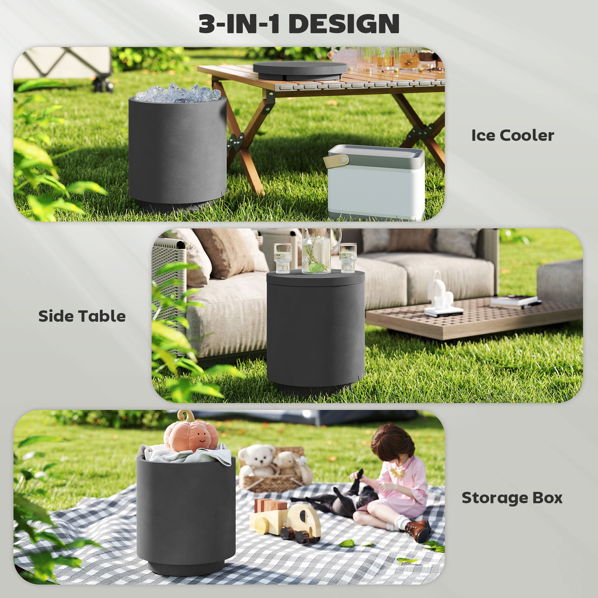 2.6 Gal Outdoor Side Table, 3-In-1 Concrete Cooler Bar Table with Storage, Removable Ice Bucket and Lid, Charcoal Gray