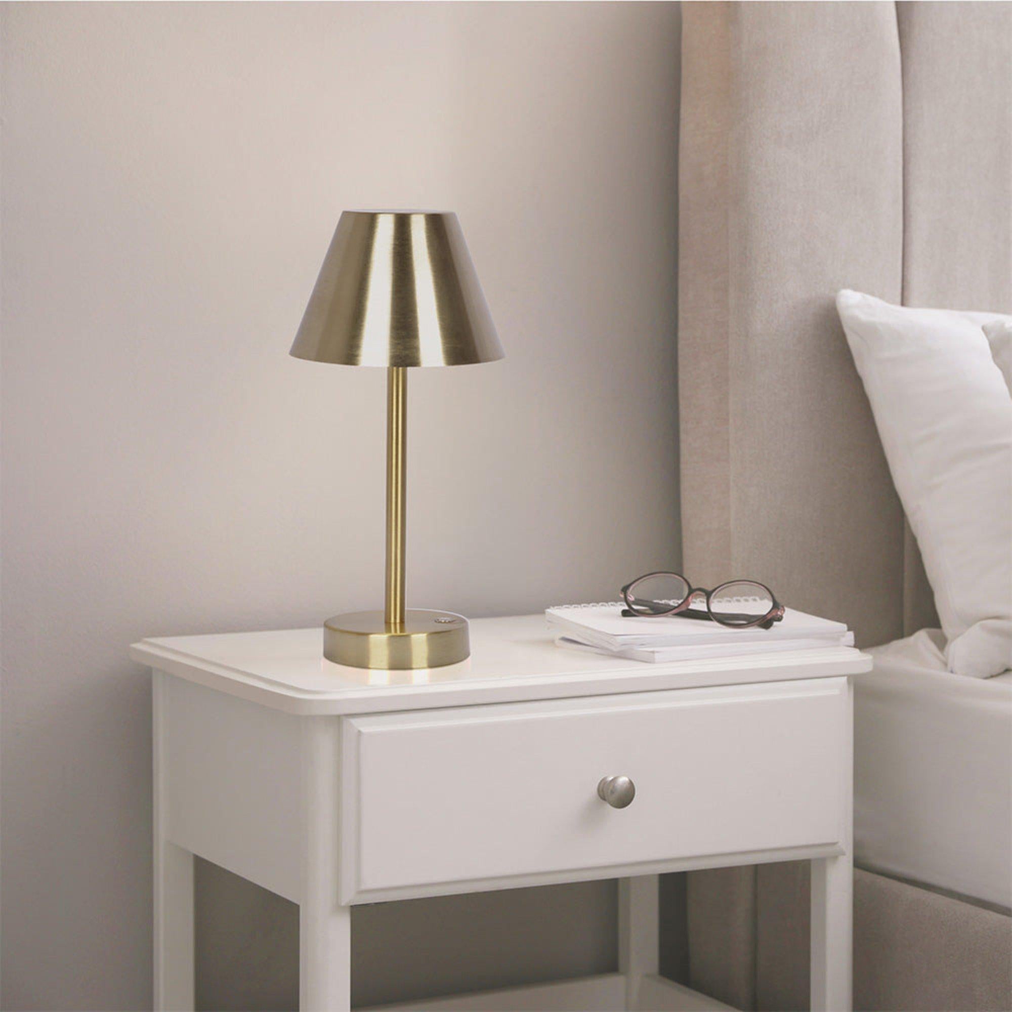 Rechargeable LED Table Lamp with Touch Switch, Plated Brass Finish, Nightstand Lamp for Bedroom, 5" L x 5" W x 10.5" H, Antique Brass+Gold