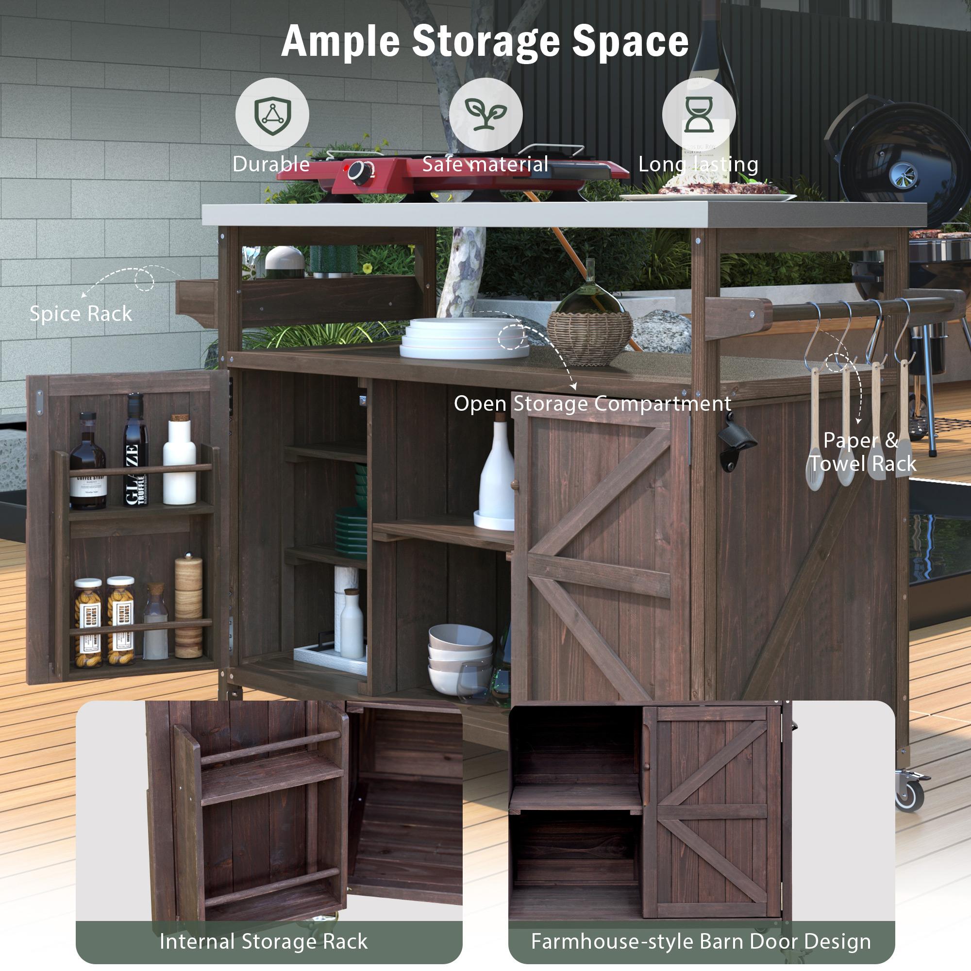 Outdoor Kitchen Island with Spice and Towel Rack, Stainless Steel Top, Rolling Bar Cart with Lockable Wheels, 50" L x 18.5" W x 36.5" H, Dark Brown