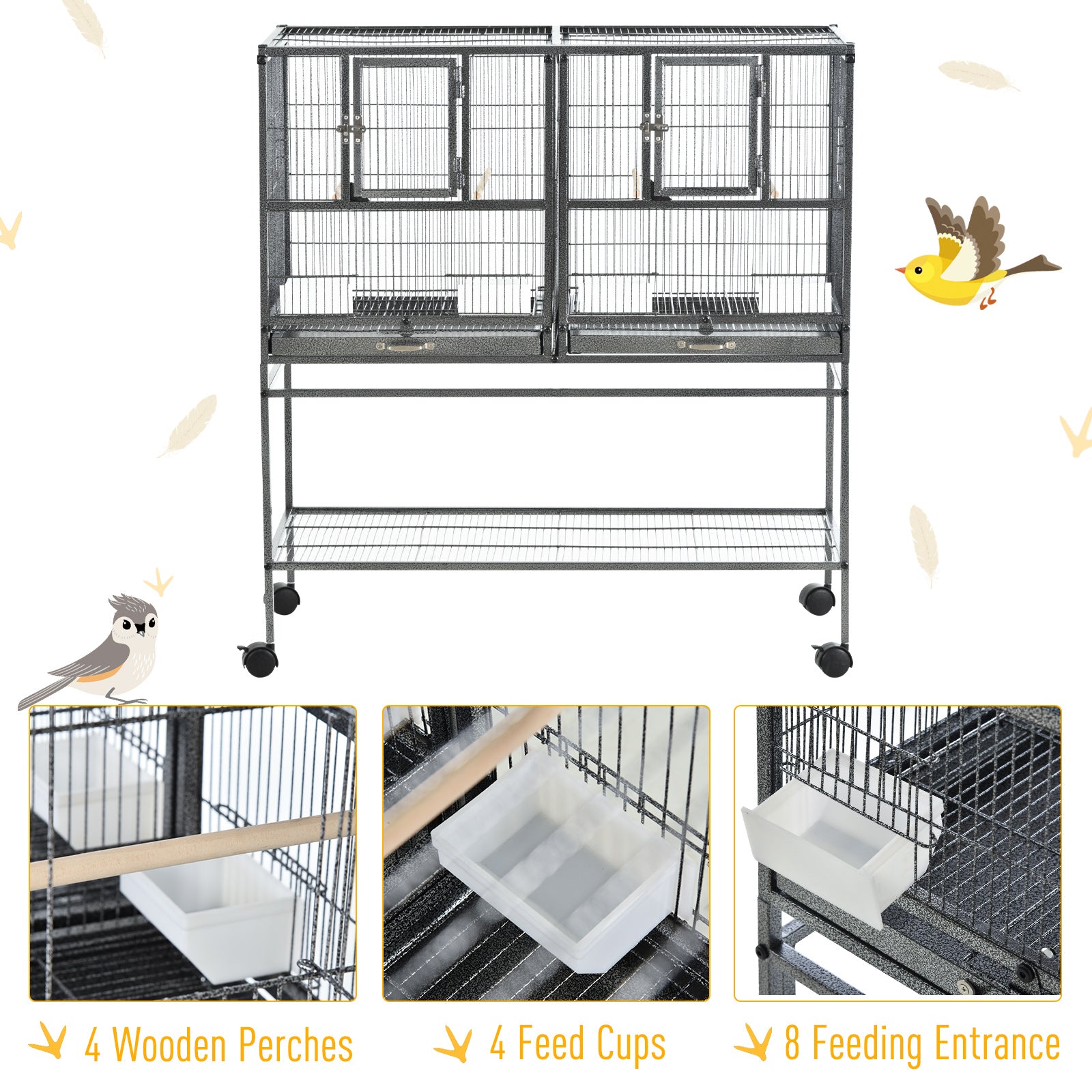 Divided Breeder Bird Cage with Rolling Stand Removable Metal Tray, Storage Shelf, Wood Perch, and Food Container