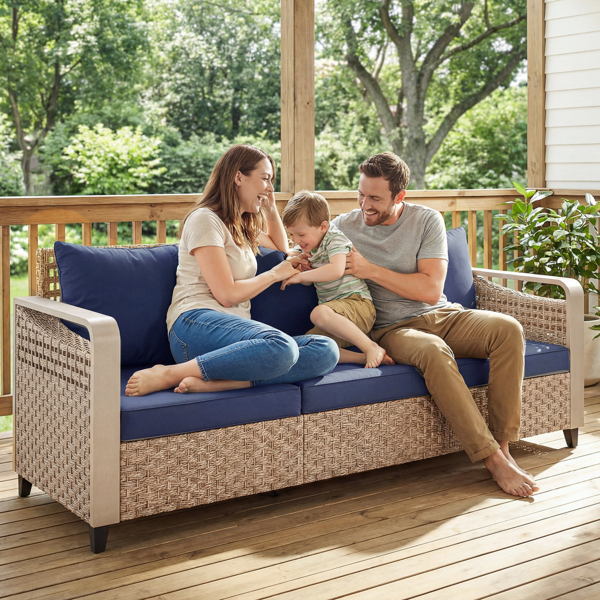Rattan Wicker Sofa 3-Seater Outdoor Patio Sofa with Cushions for Garden Backyard Porch Dark Blue